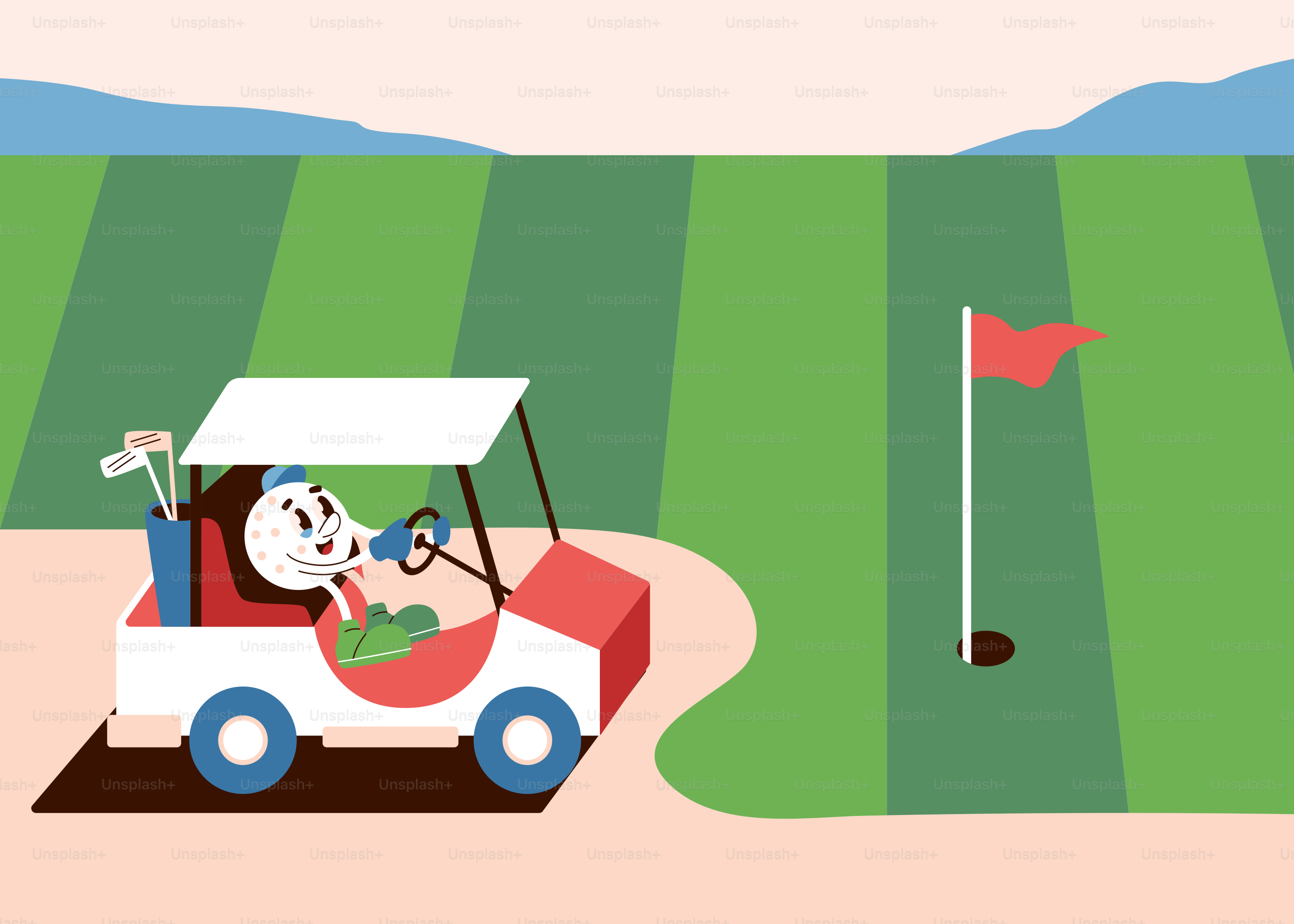 Un personaje de dibujos animados conduce un carrito de golf en un campo de golf.