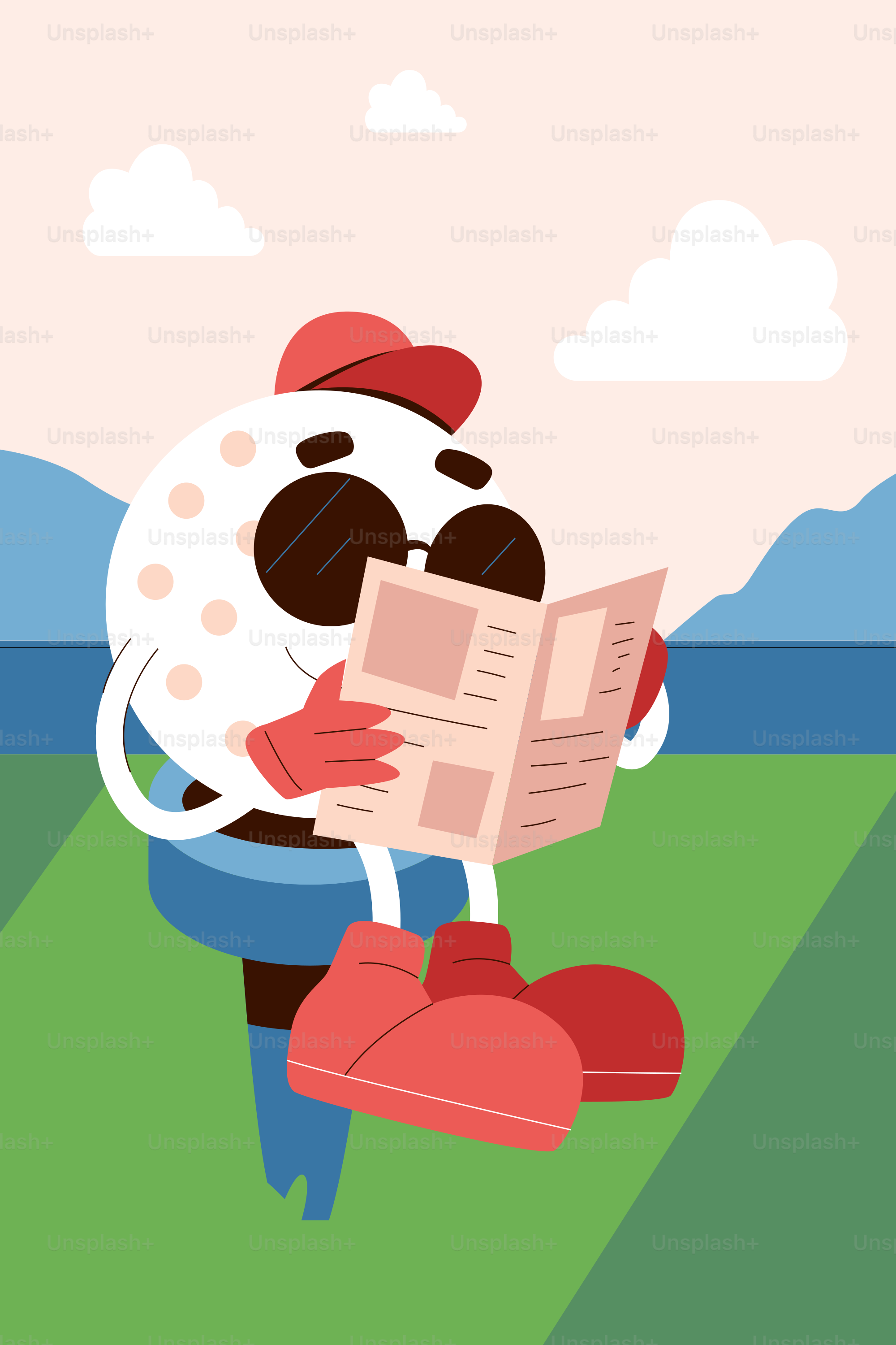 Un personaje de bola de golf de dibujos animados leyendo un periódico al aire libre