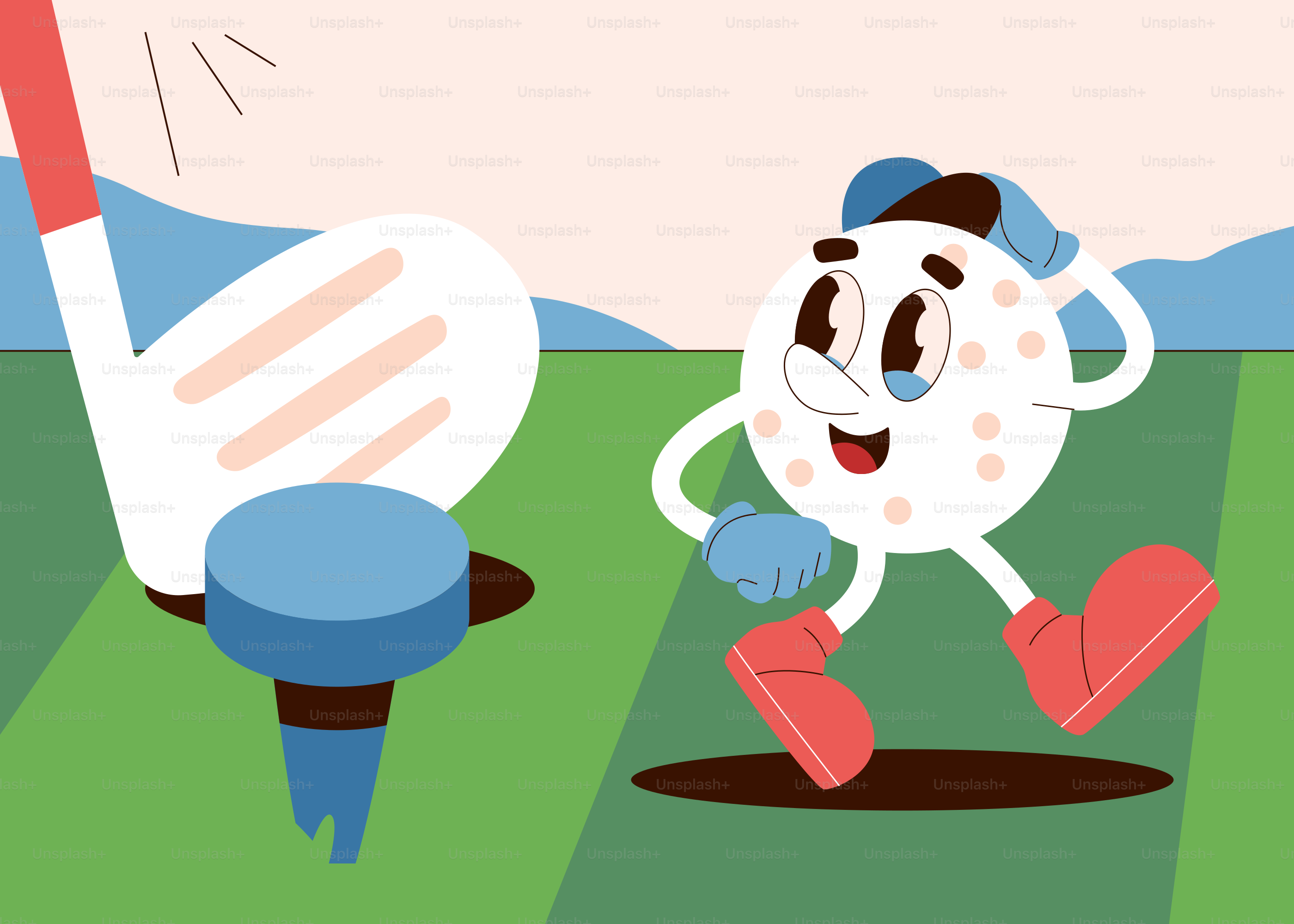 Bola de golf de dibujos animados corriendo sobre césped verde