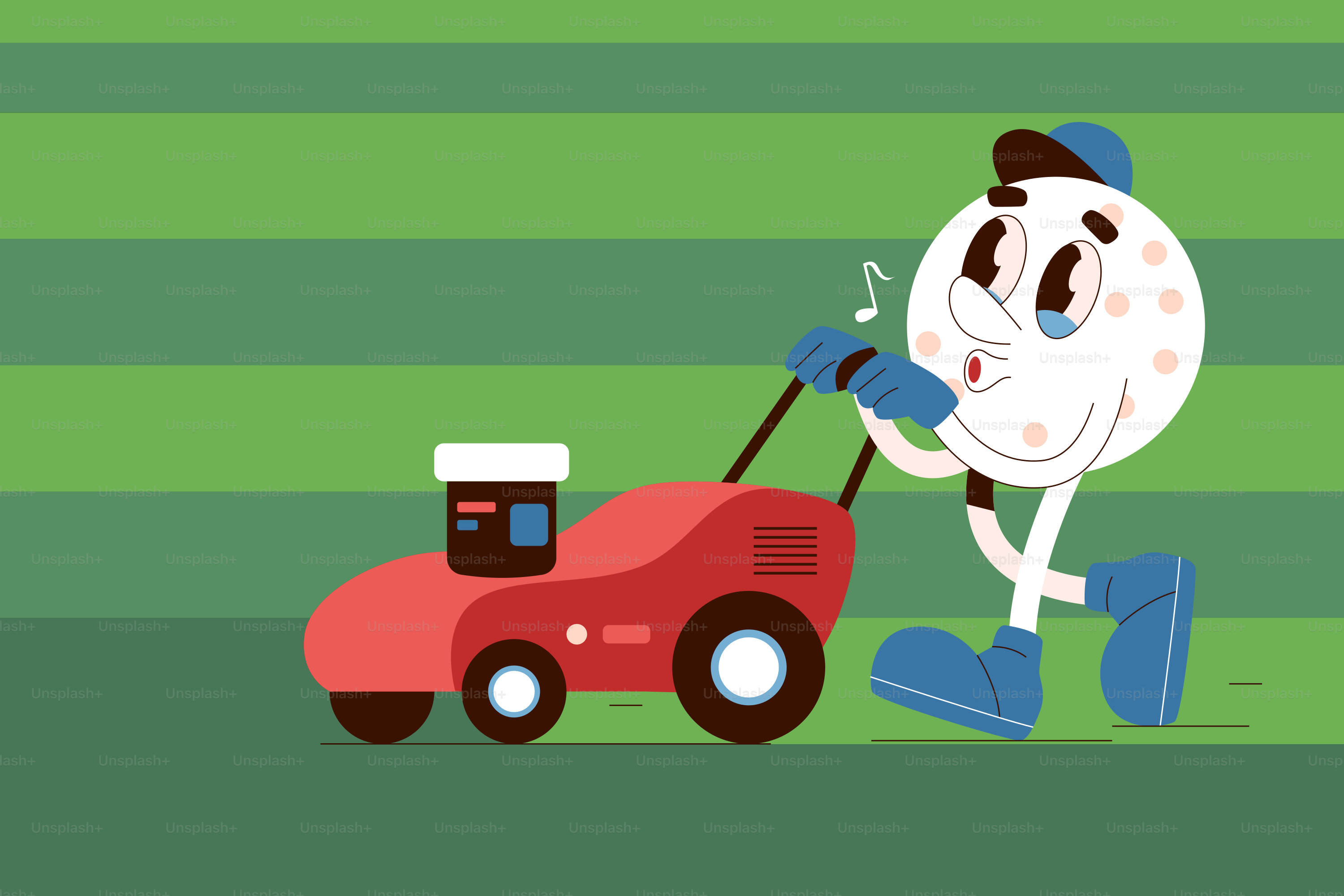 Personagem de bola de golfe cortando a grama com um cortador vermelho.