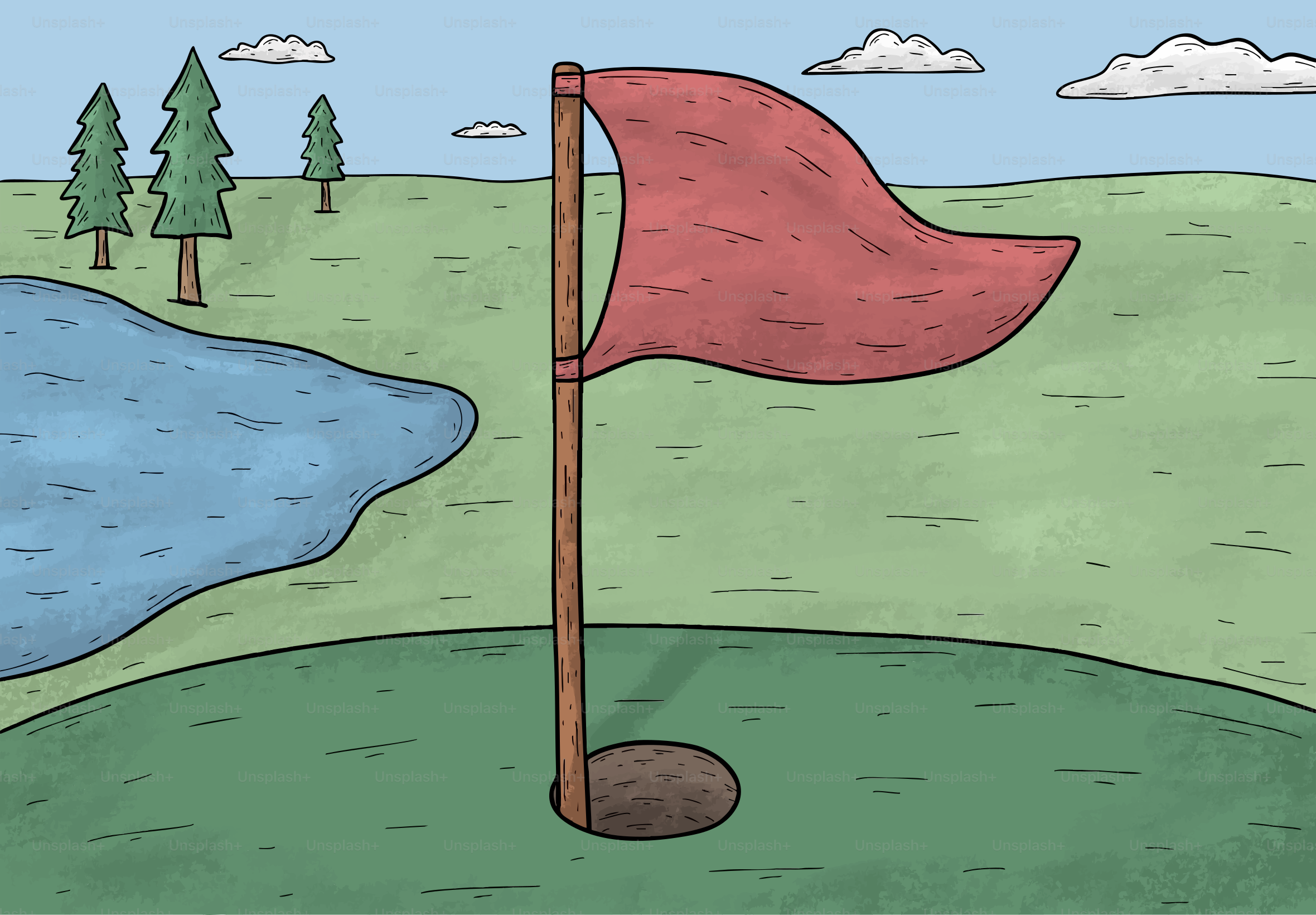 Drapeau rouge sur un parcours de golf avec un étang
