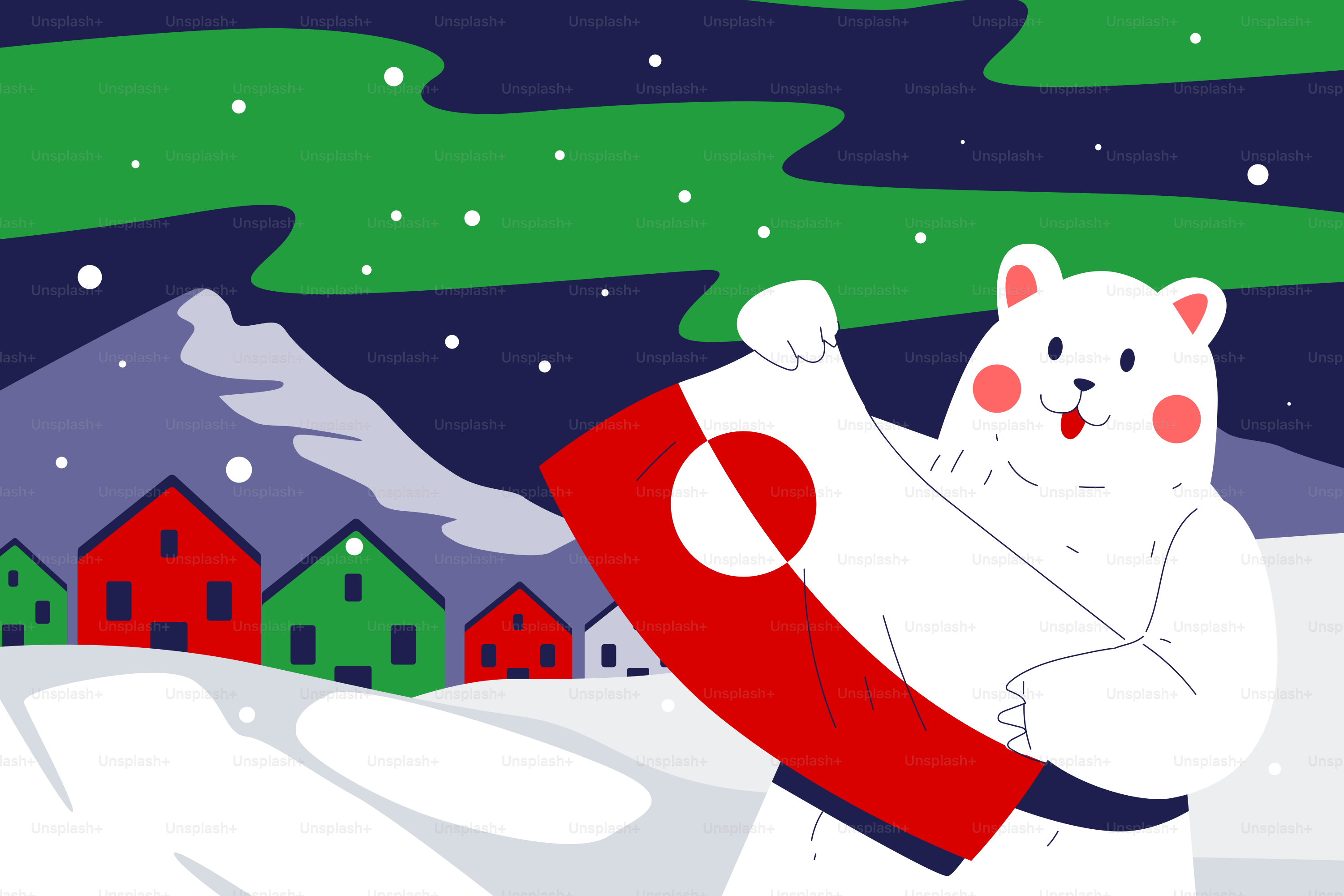 오로라 아래에서 그린란드 깃발을 든 북극곰