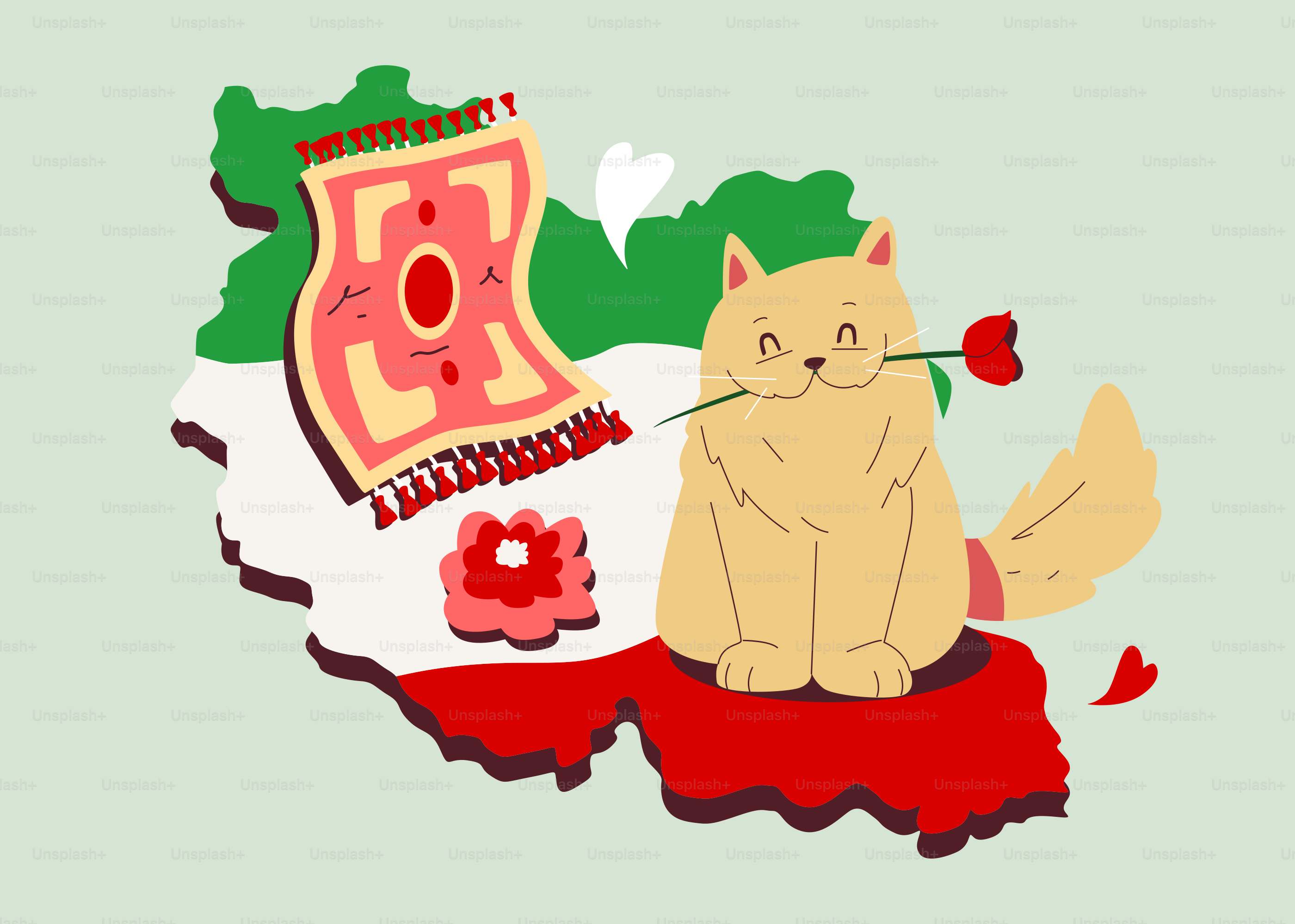 이란 지도에 장미를 든 고양이, 페르시안 러그와 함께