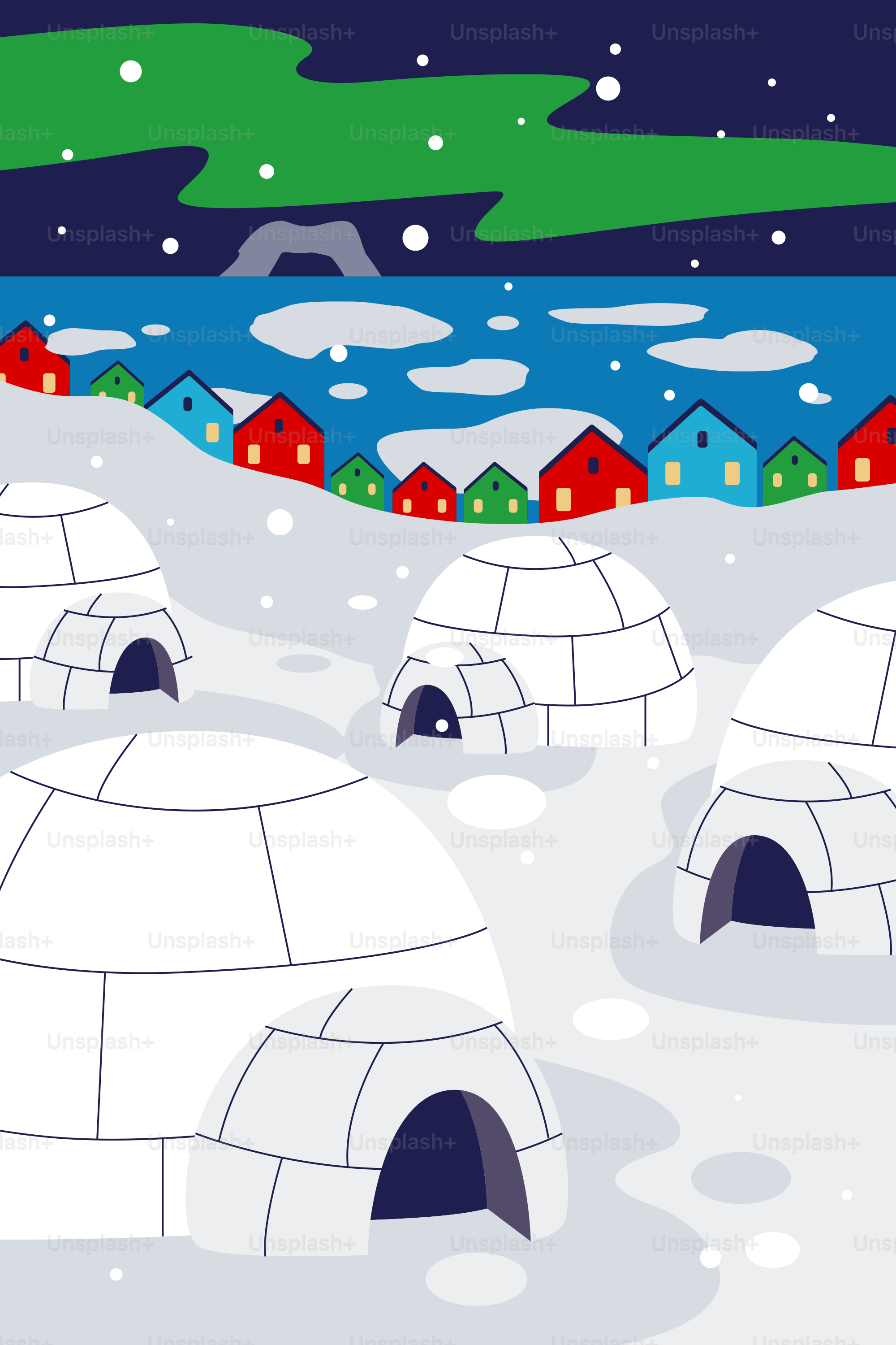 Igloos and colorful houses under the aurora borealis.