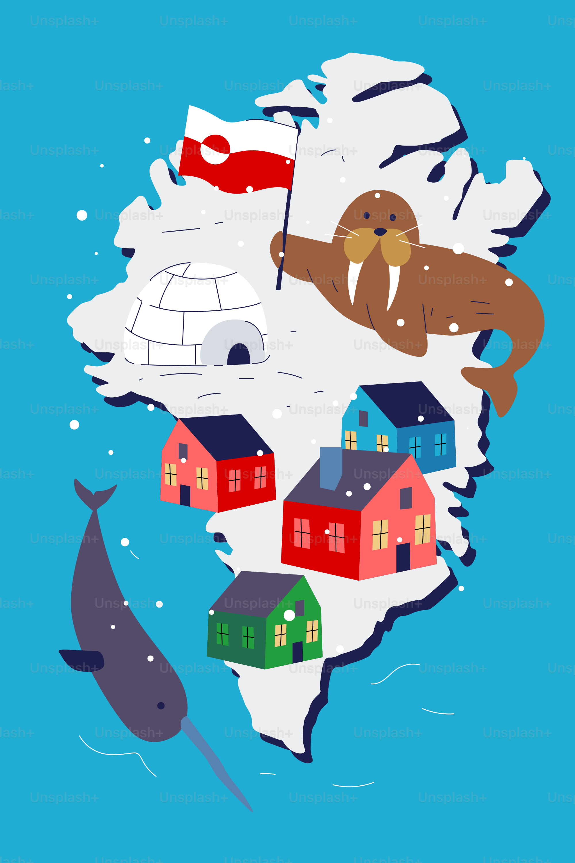 바다코끼리, 일각고래, 이글루, 그리고 집들이 있는 그린란드 지도.