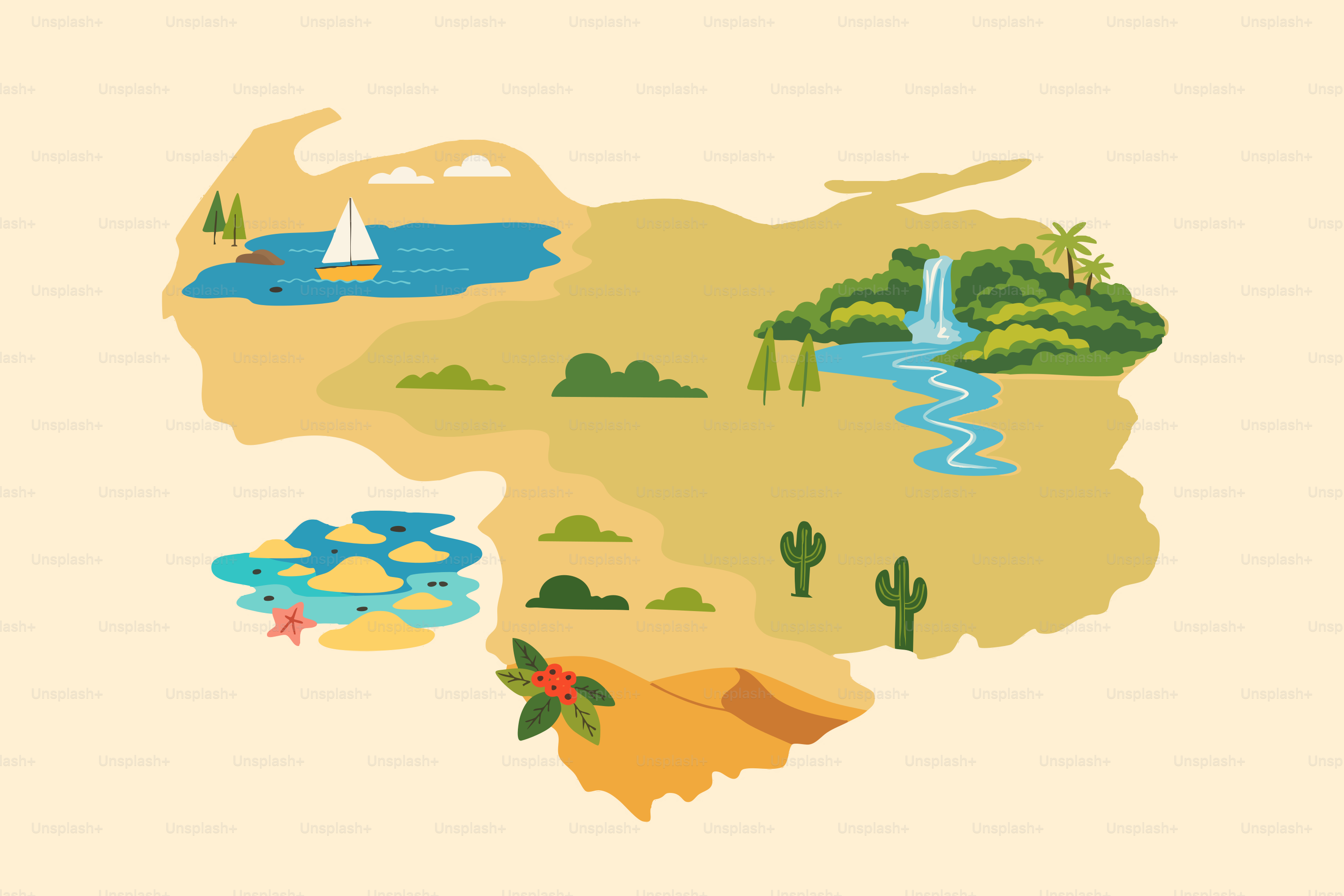 Cartoon map showing diverse landscapes with a sailboat.