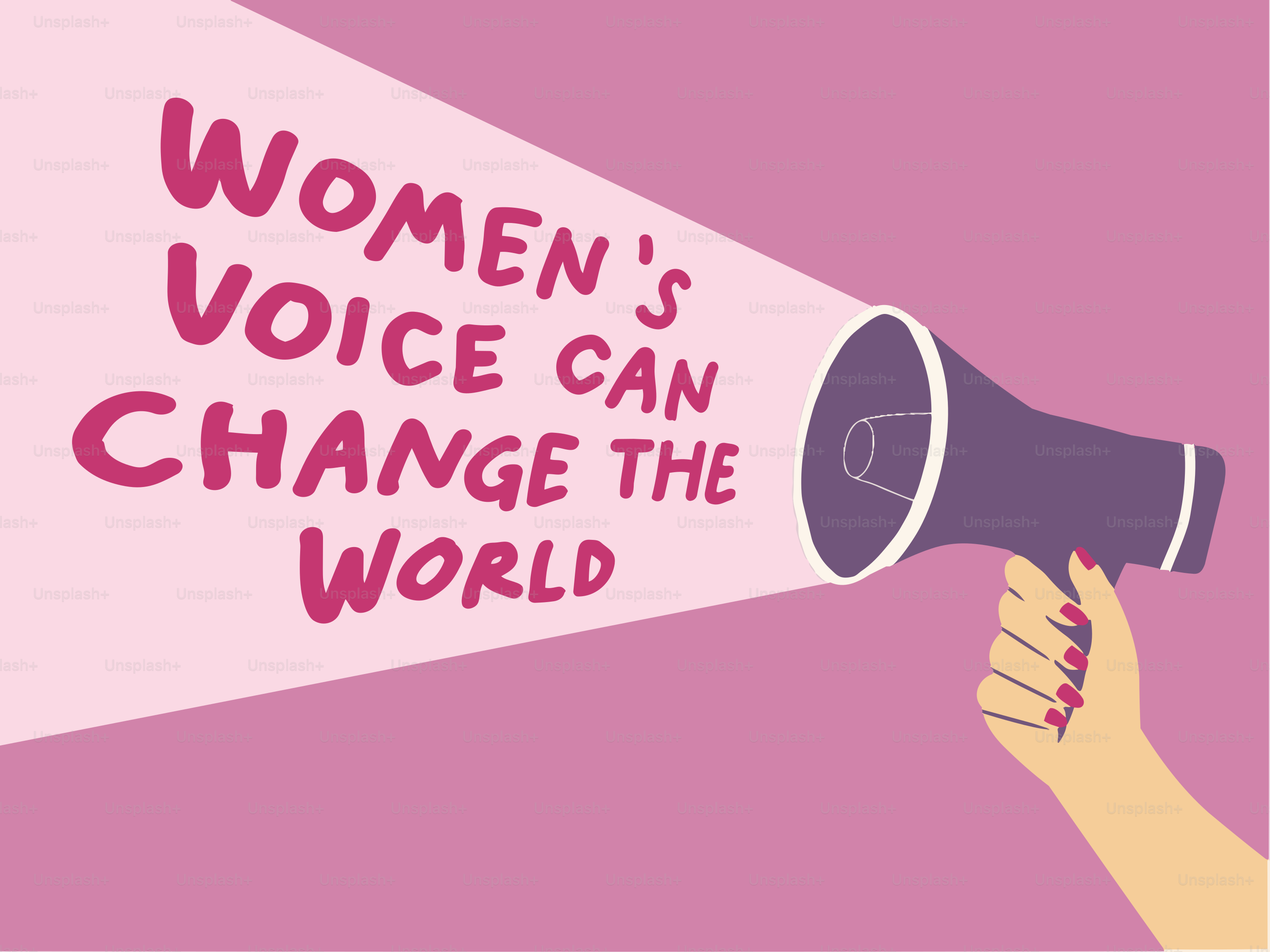 "여성의 목소리가 세상을 바꿀 수 있다"라는 문구가 있는 확성기