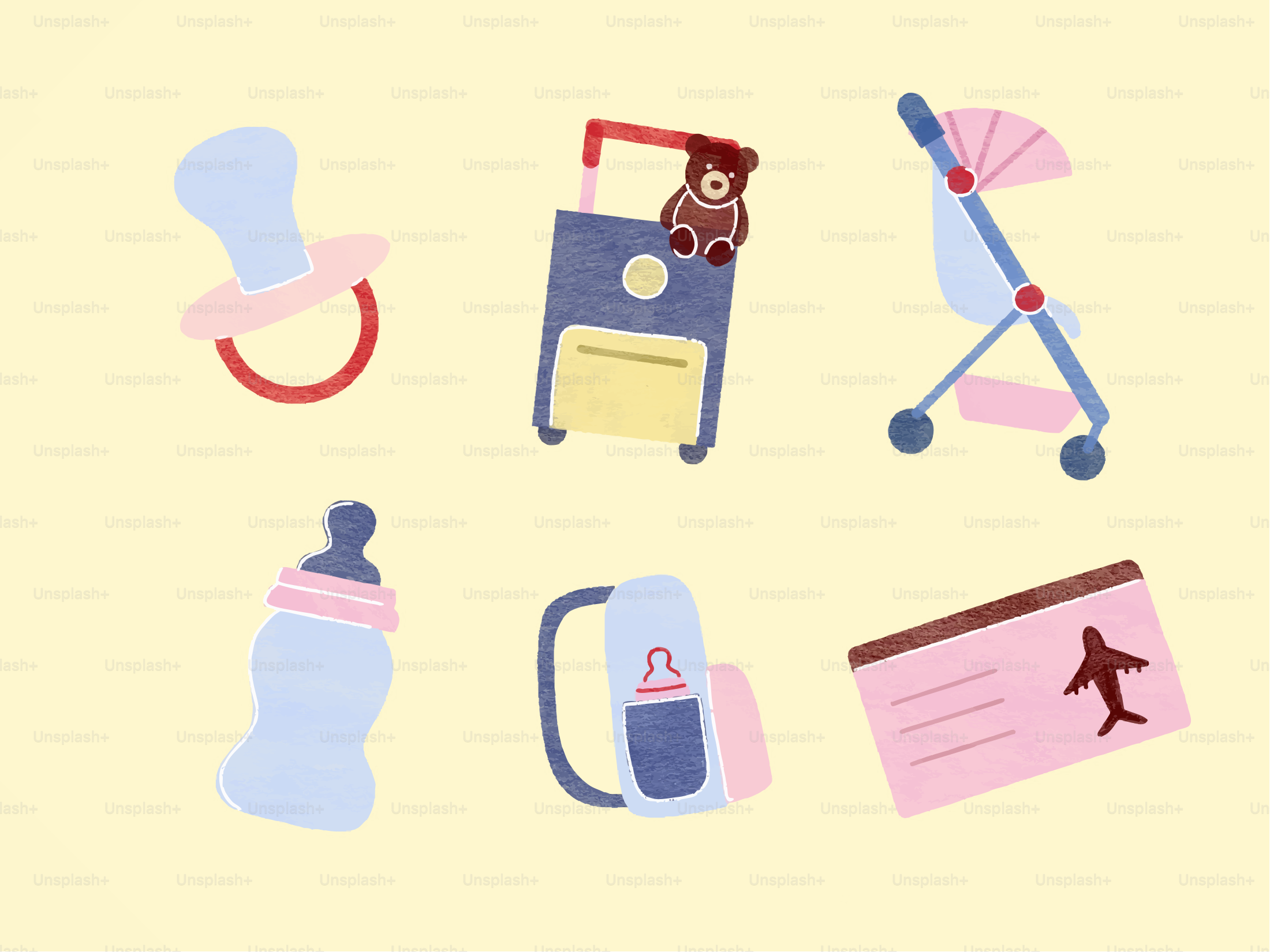 Baby travel essentials including suitcase, stroller, and bottle.