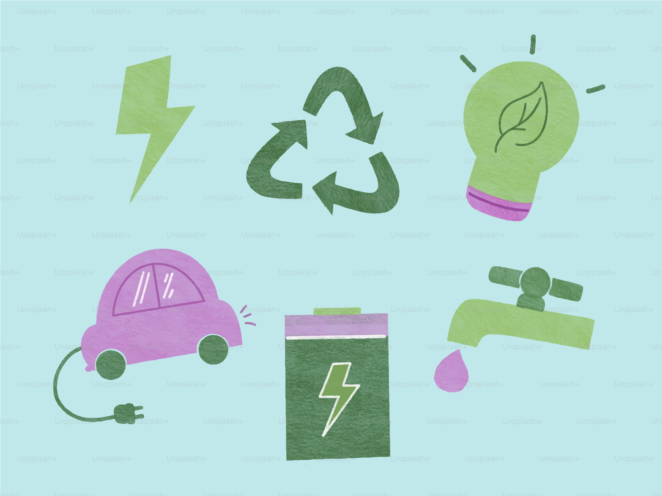 Green energy icons including car, lightbulb, and battery.