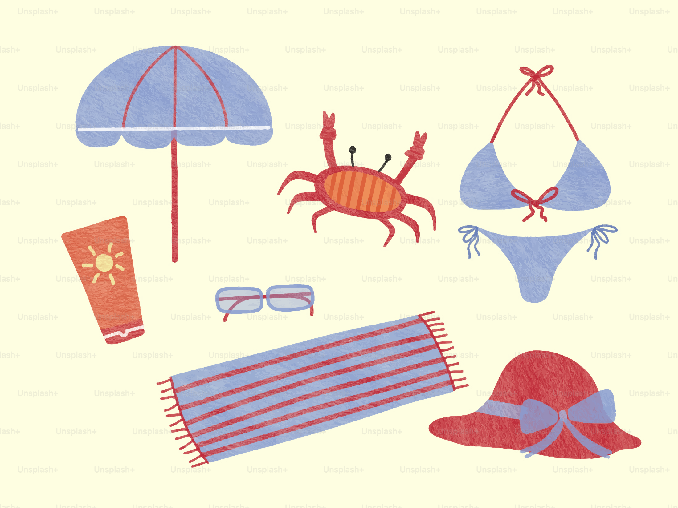 Beach items including umbrella, bikini, crab, and hat.