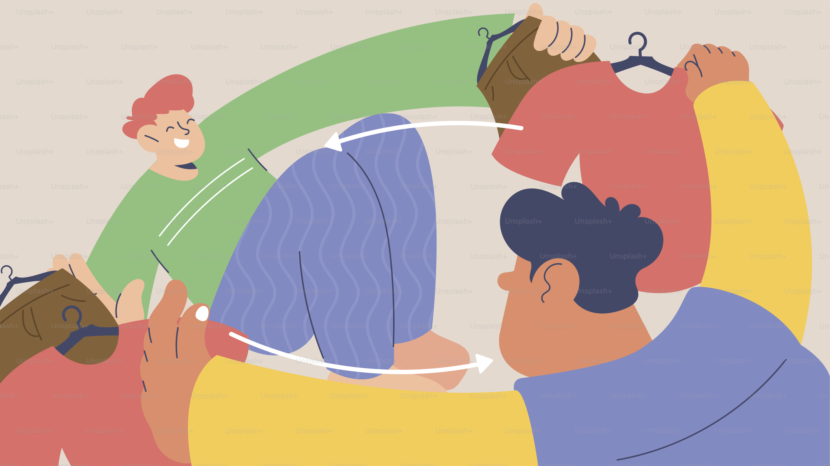 Zwei Personen reichen Kleidung in einer kreisenden Bewegung durch