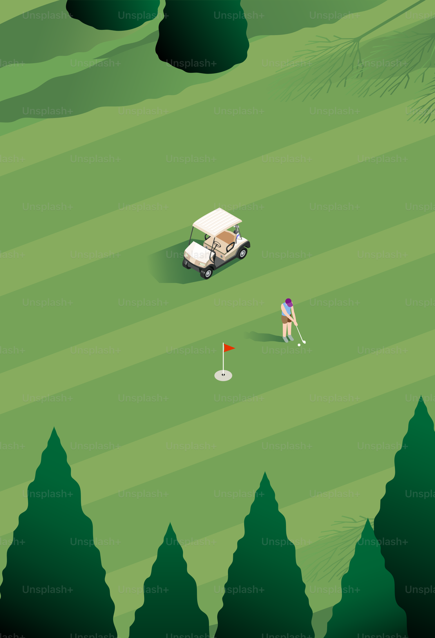 Golfer, der auf einem Green mit einem Golfwagen in der Nähe spielt.