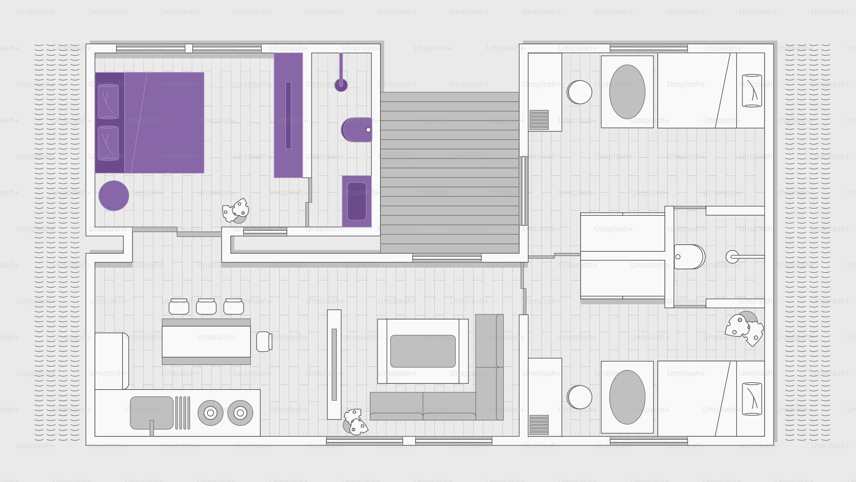 Floor plan of a modern apartment with two bedrooms