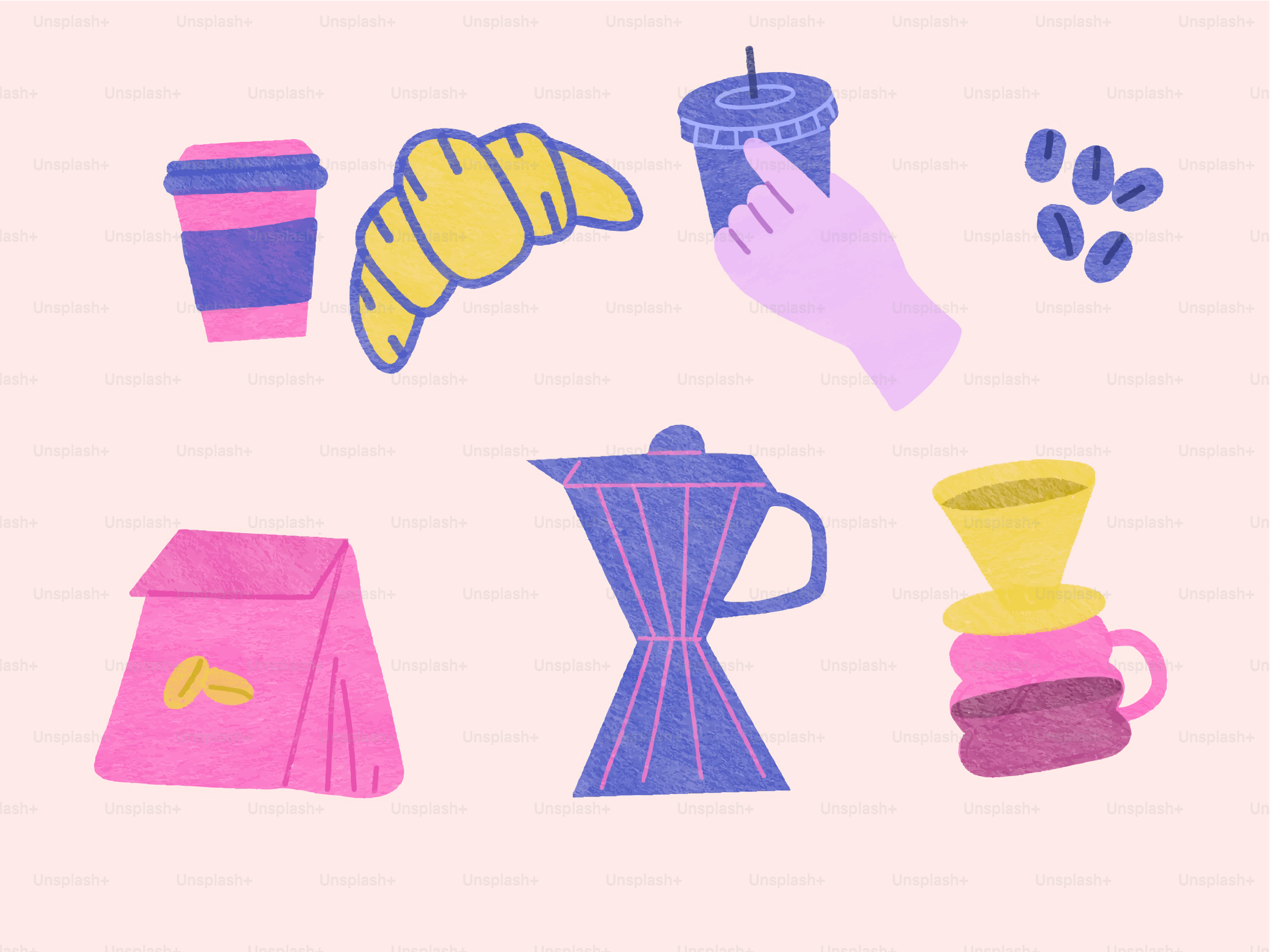 Coffee and croissant assortment with brewing equipment