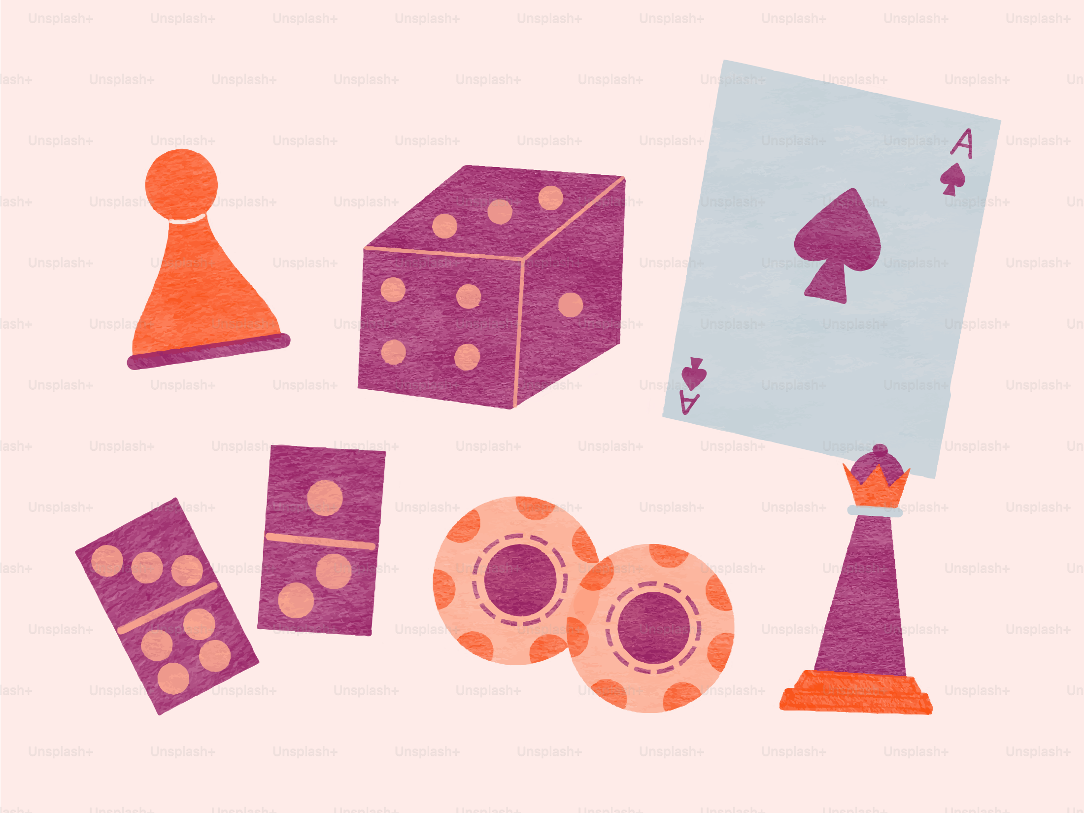 Game pieces including dice, dominoes, cards, and chess pieces.