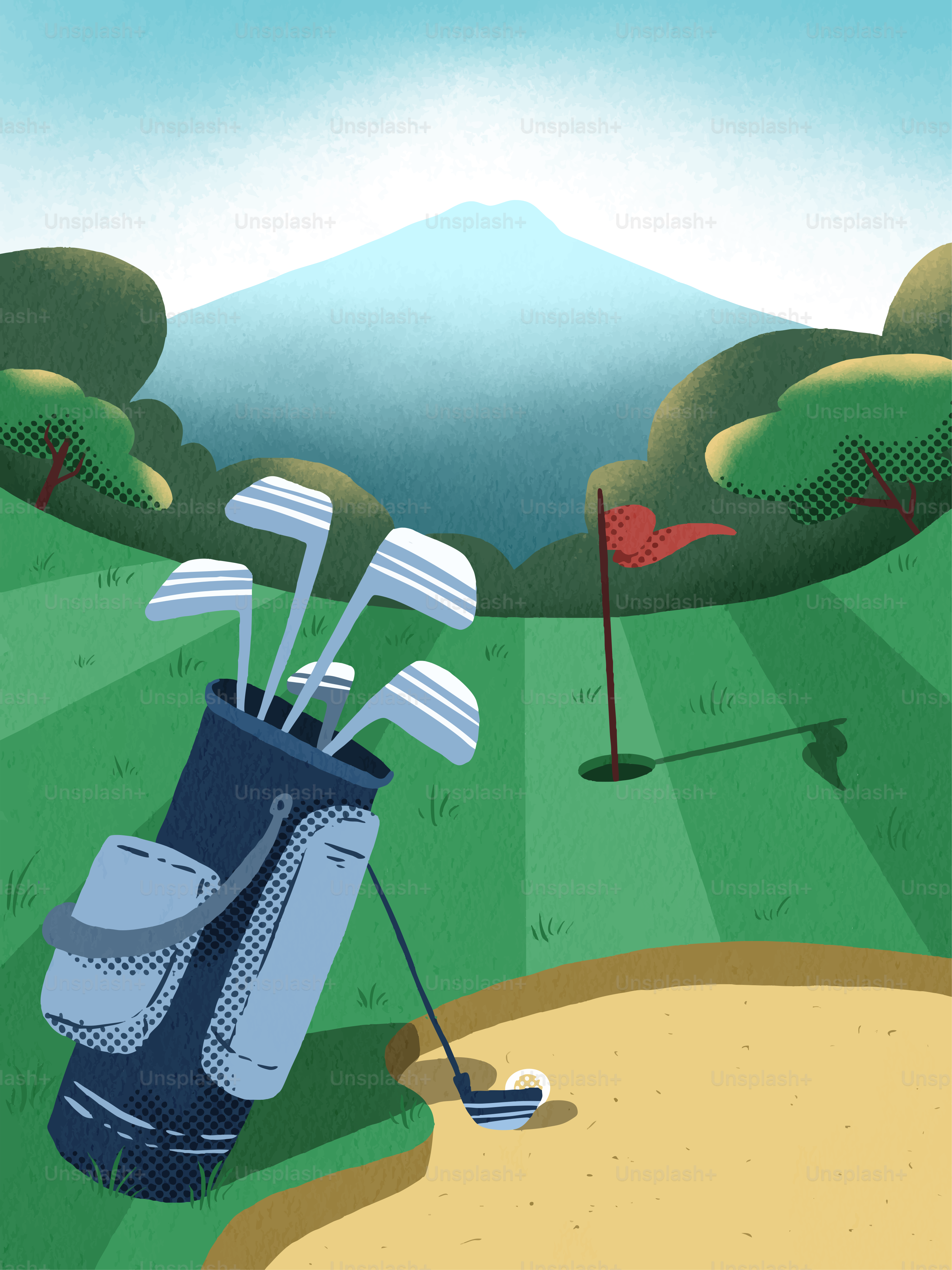 Bolsa de golf con palos en un campo cerca de un búnker