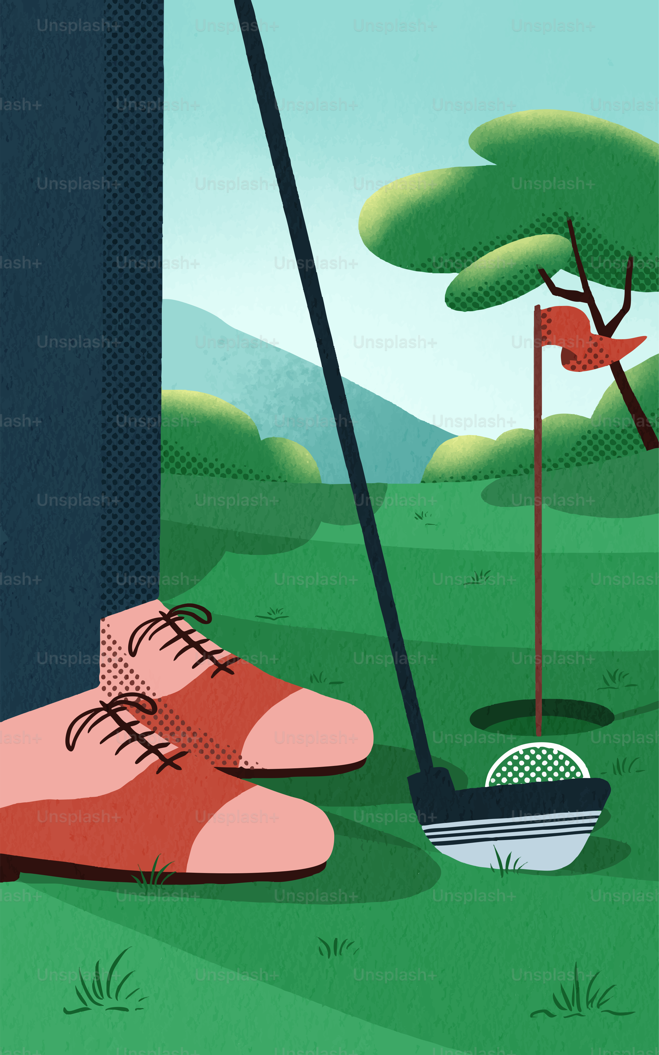 Golfista a punto de hacer un putt en un campo soleado.