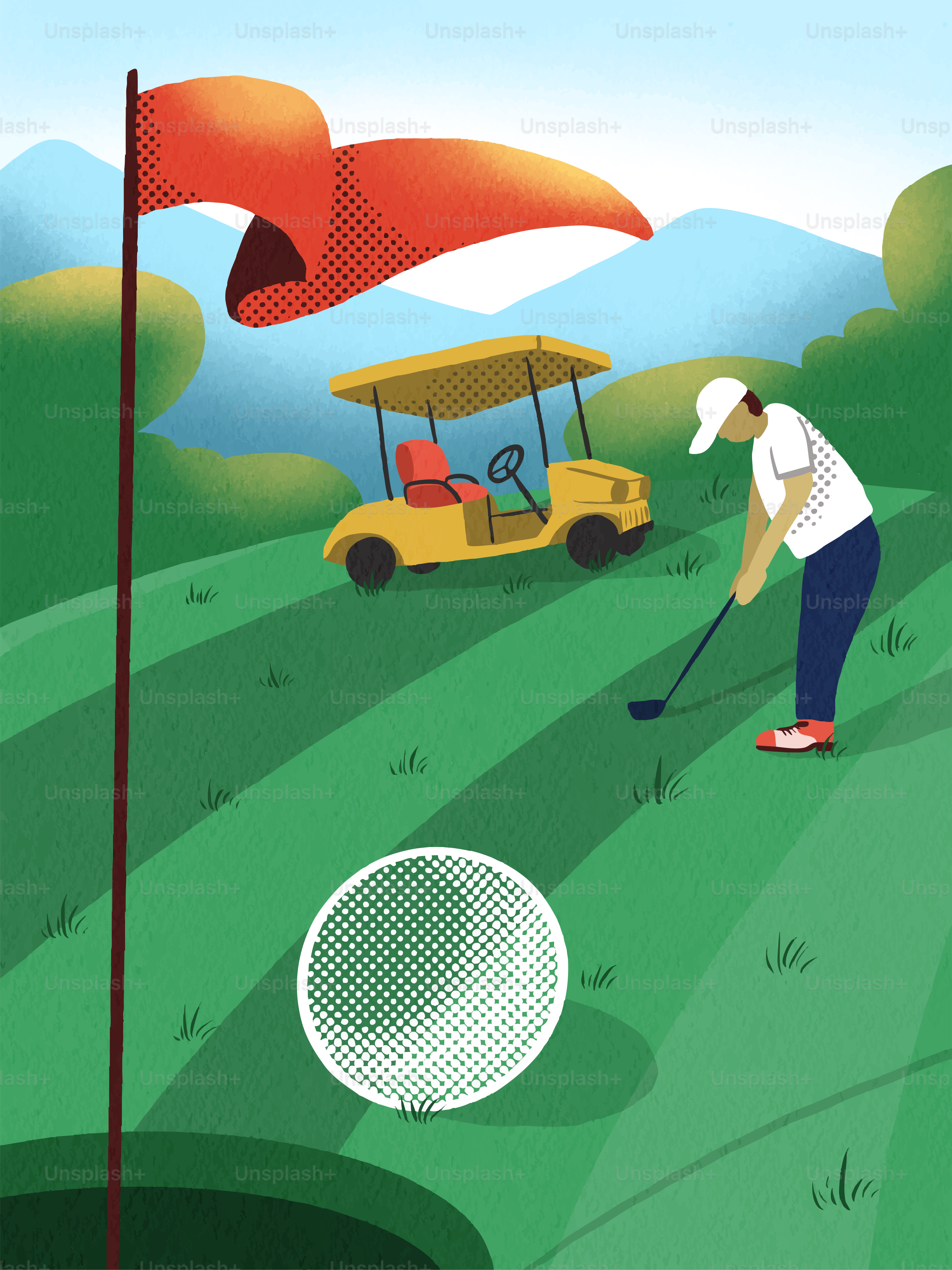 El golfista batea el palo cerca de la bandera y el carrito de golf