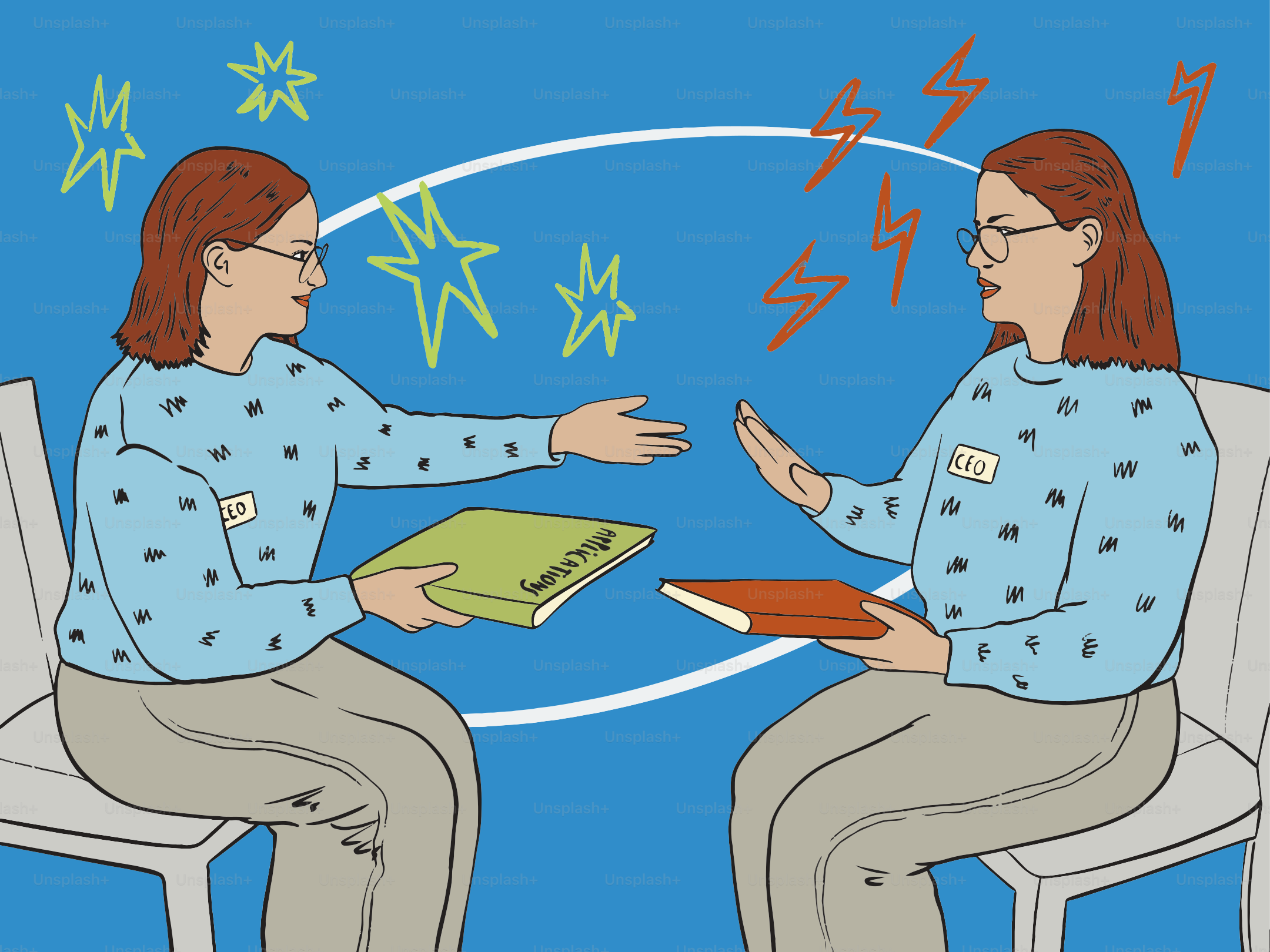 Dos mujeres con libros frente a frente