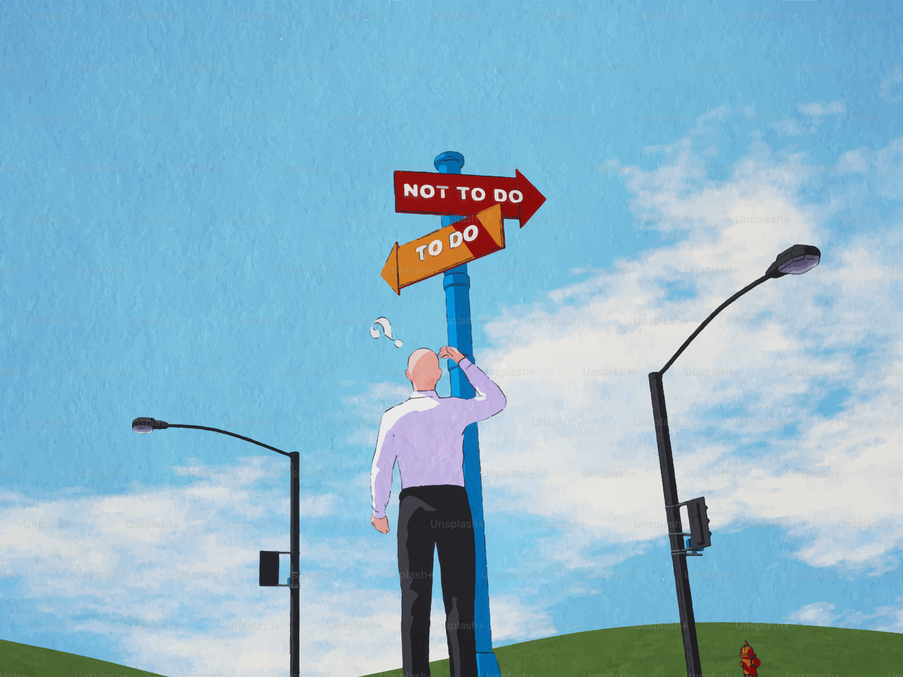 Man confused at a crossroads with two signs