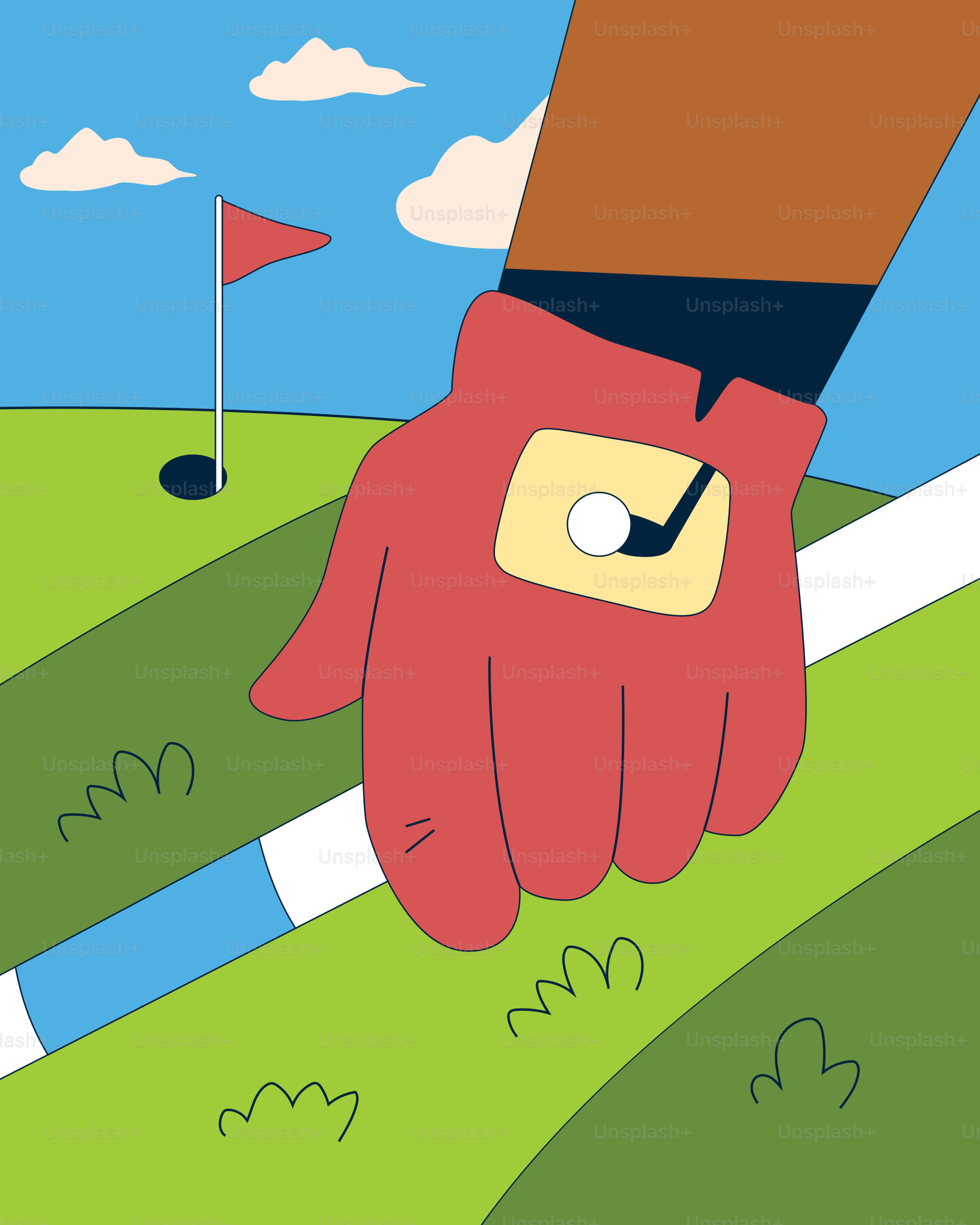 Golferhand im roten Handschuh, hält den Schläger in der Nähe des Golfclubs.