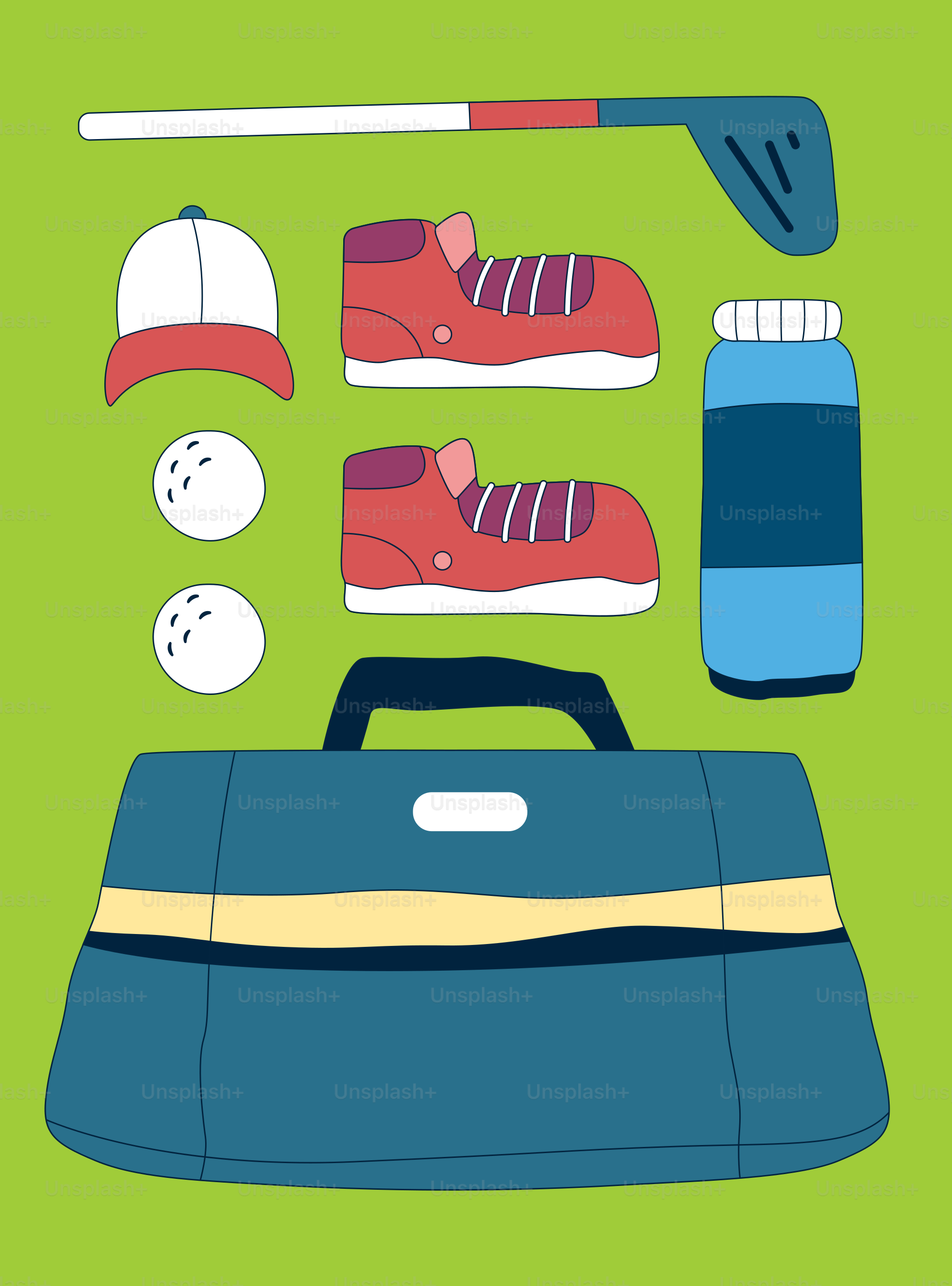 Golfausrüstung liegt auf grünem Hintergrund.