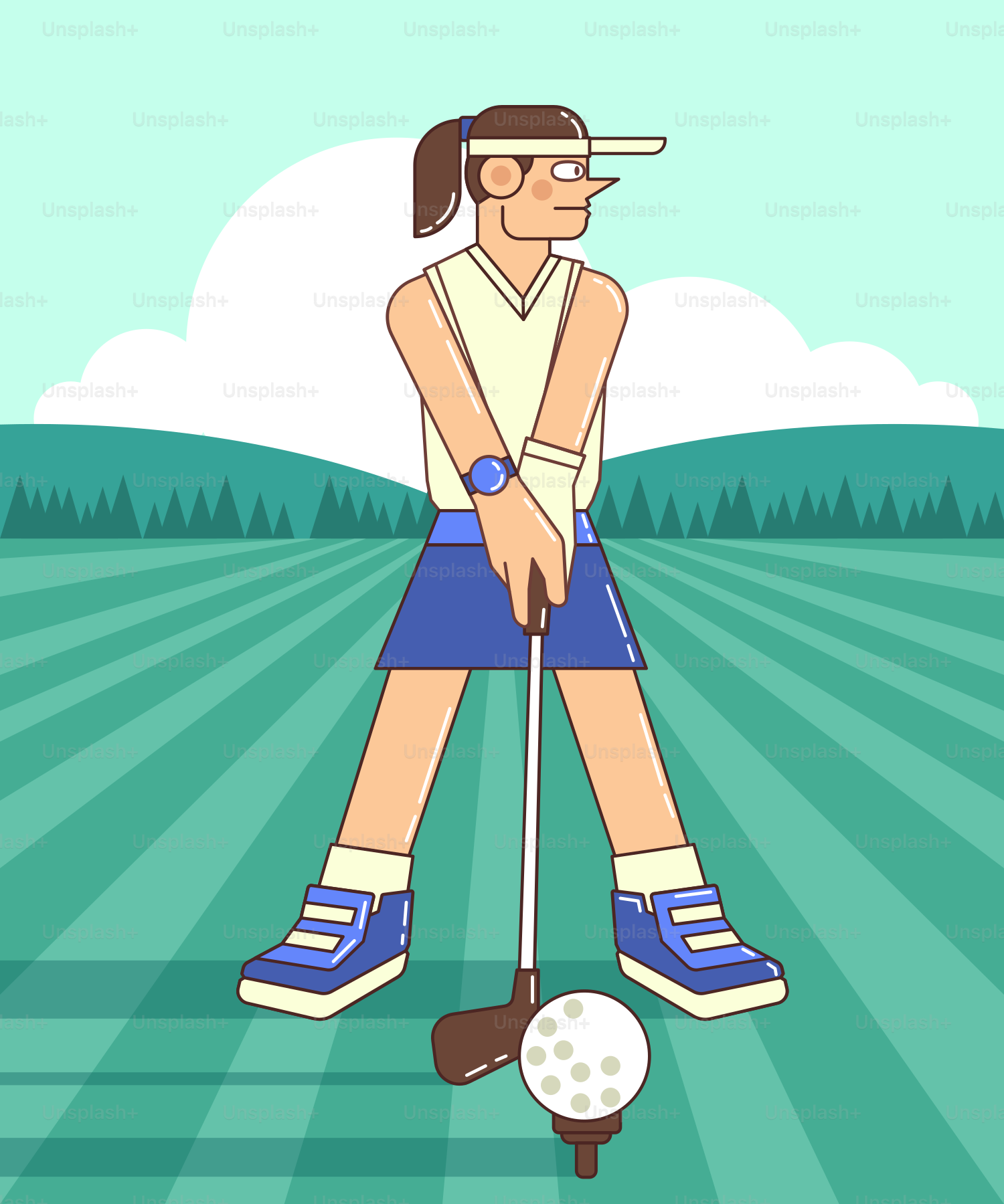 A woman golfer preparing to swing on a golf course.
