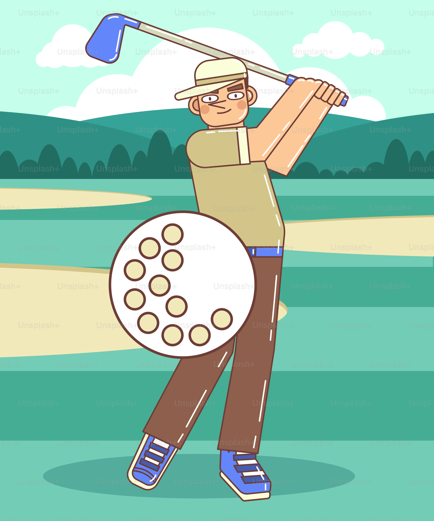 Golfer swings club at a golf ball on course