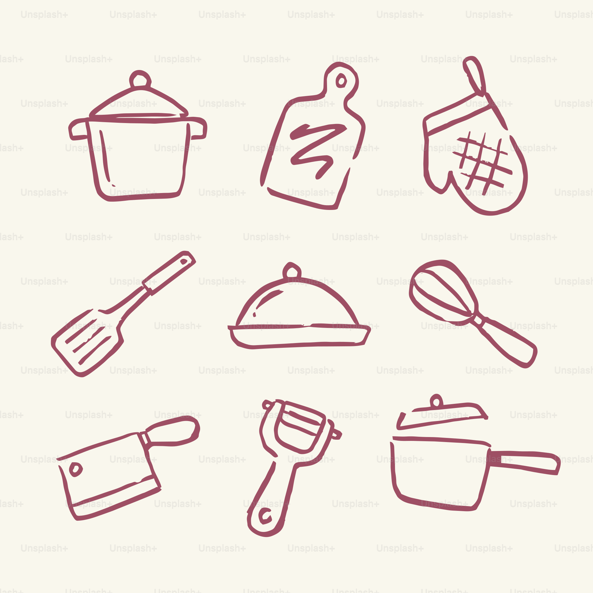Ustensiles de cuisine tirés, y compris casseroles, spatules et épluche-fusibles