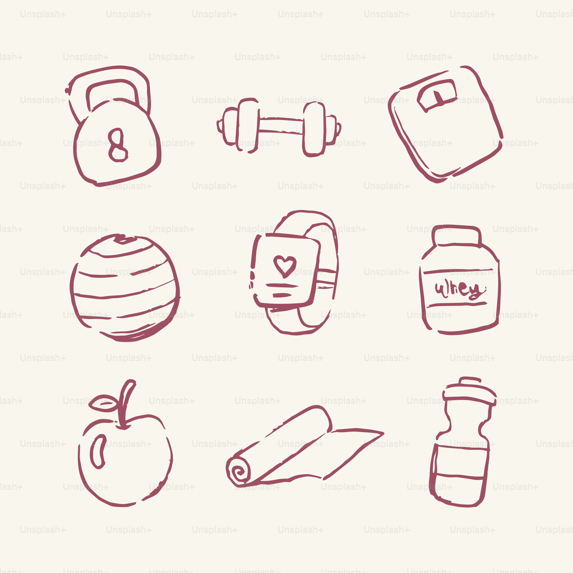 Doodle icons of fitness equipment and healthy items