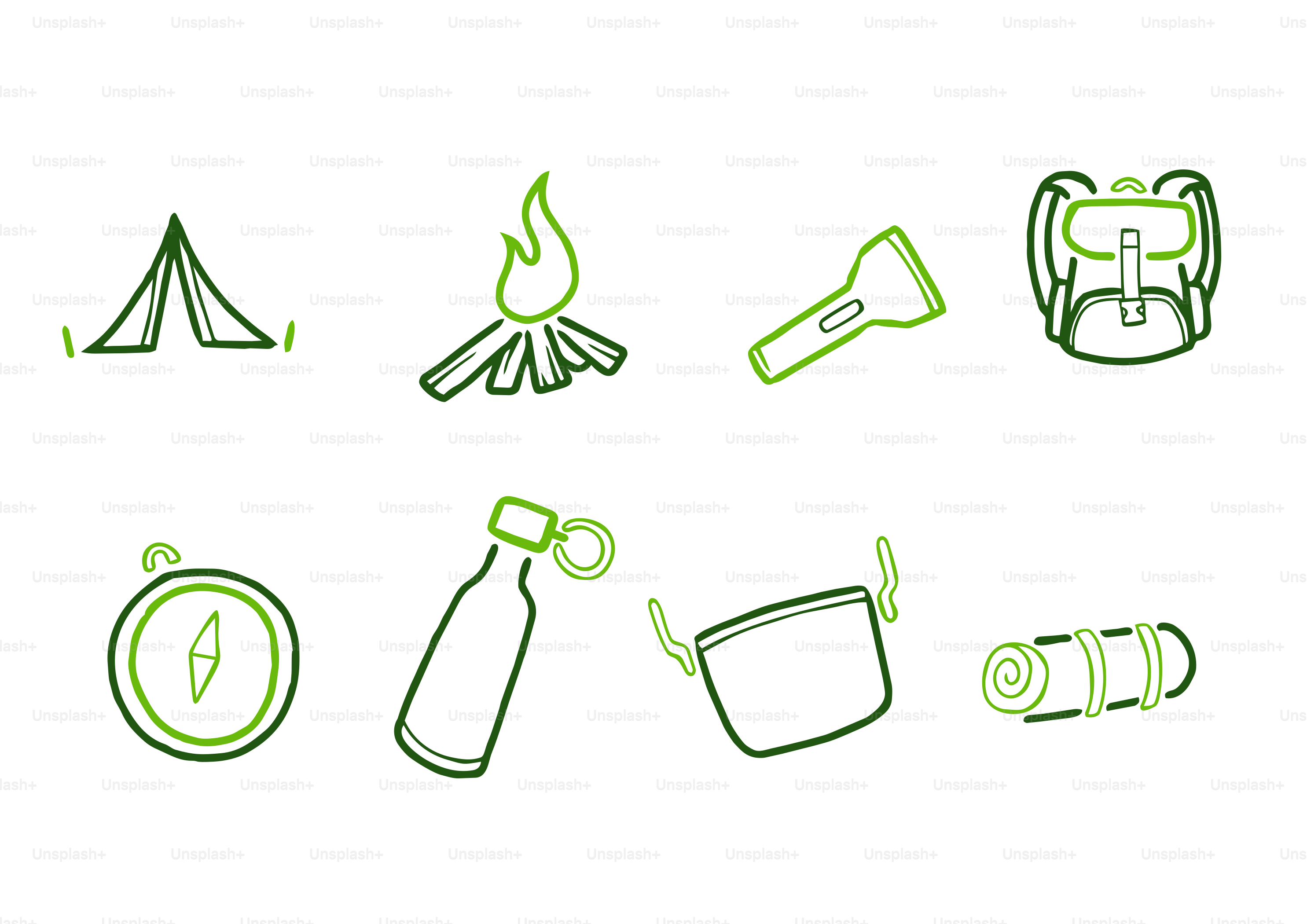 Icônes d’équipement de camping : tente, feu, lampe torche, sac à dos, boussole, bouteille.