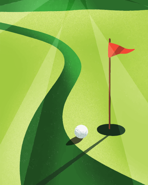 Golf ball near hole with flag on green course
