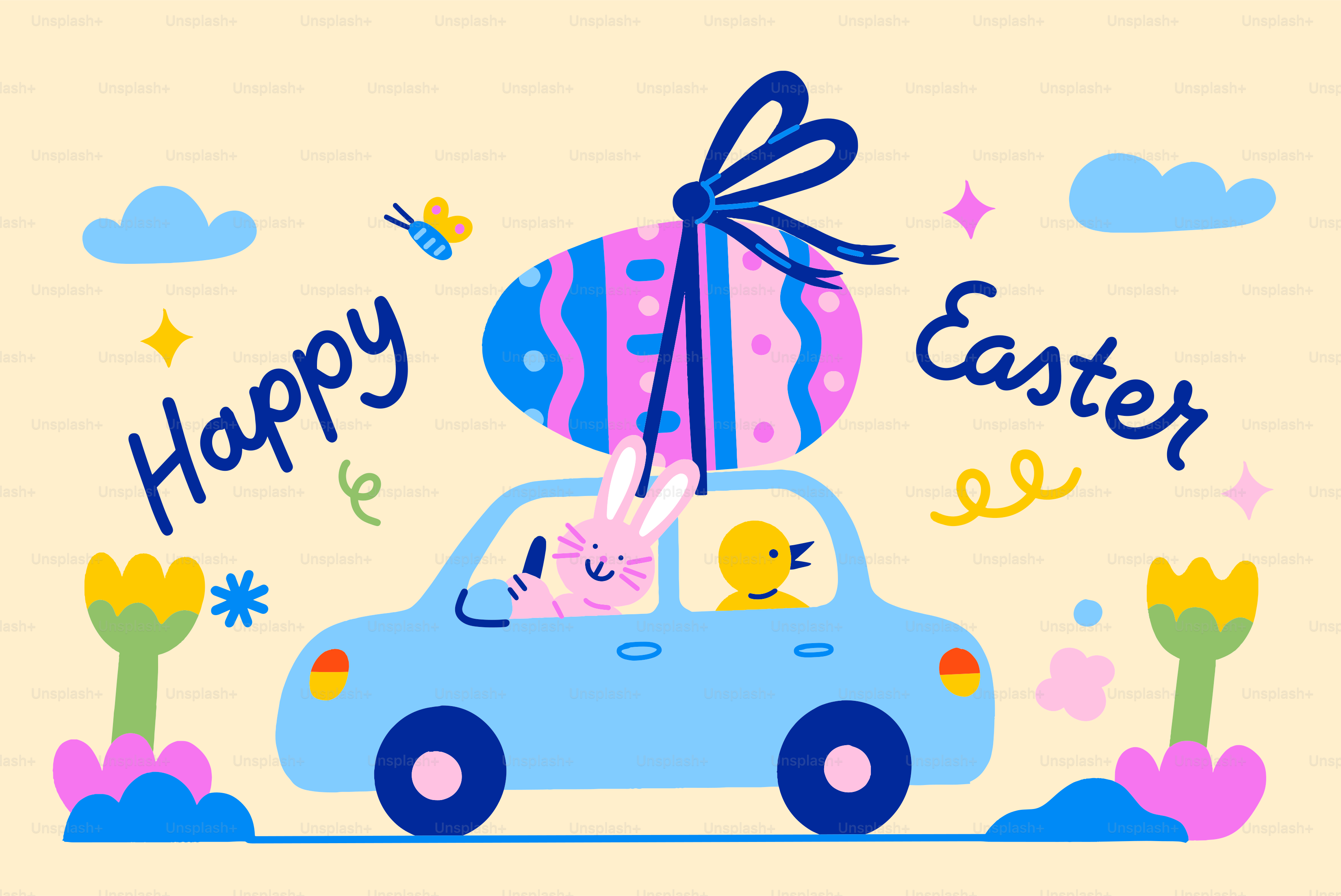 Happy easter with bunny and chick in car