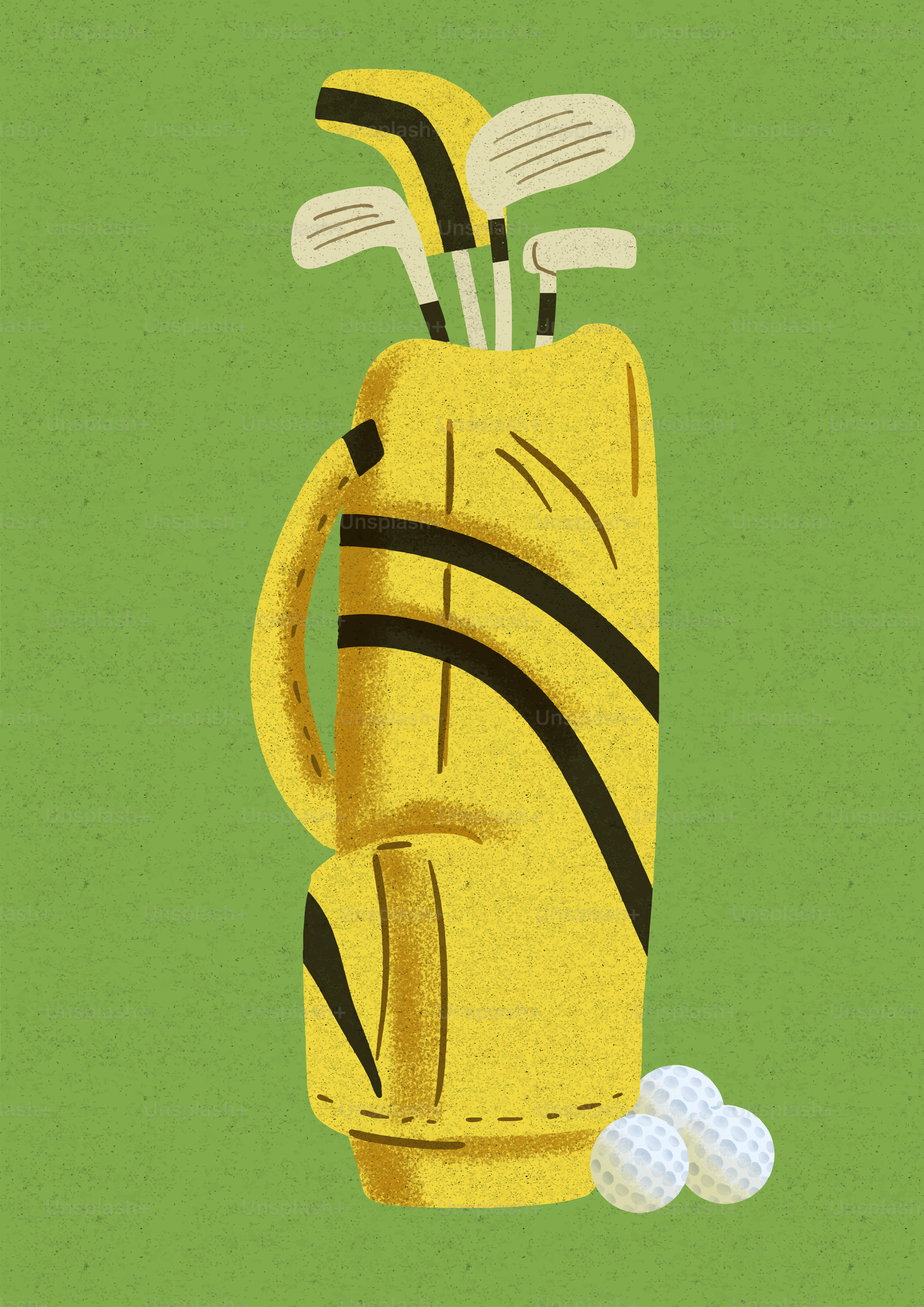 Yellow golf bag with clubs and balls
