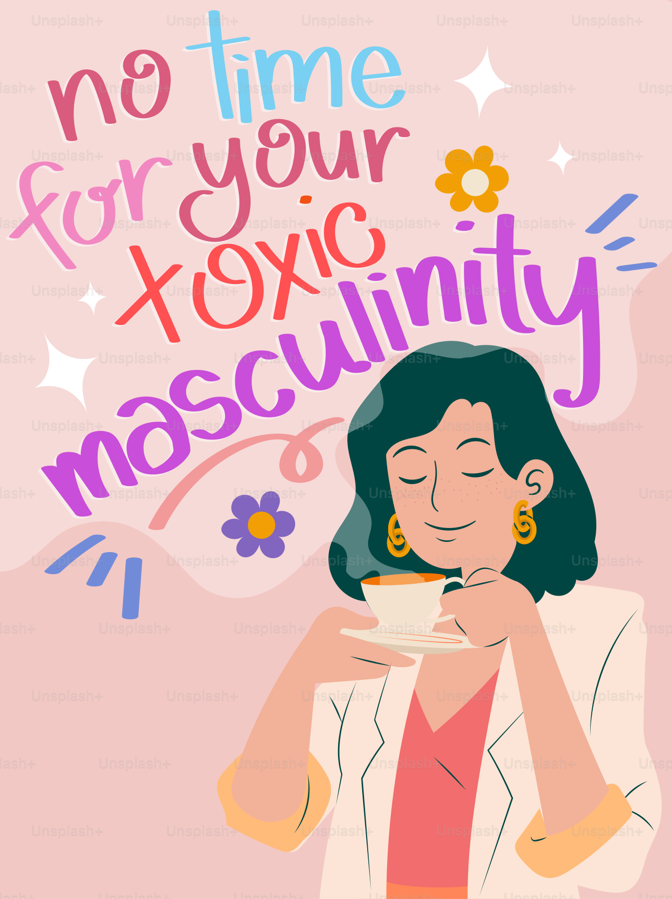 Woman enjoying tea with "no time for toxic masculinity" text.