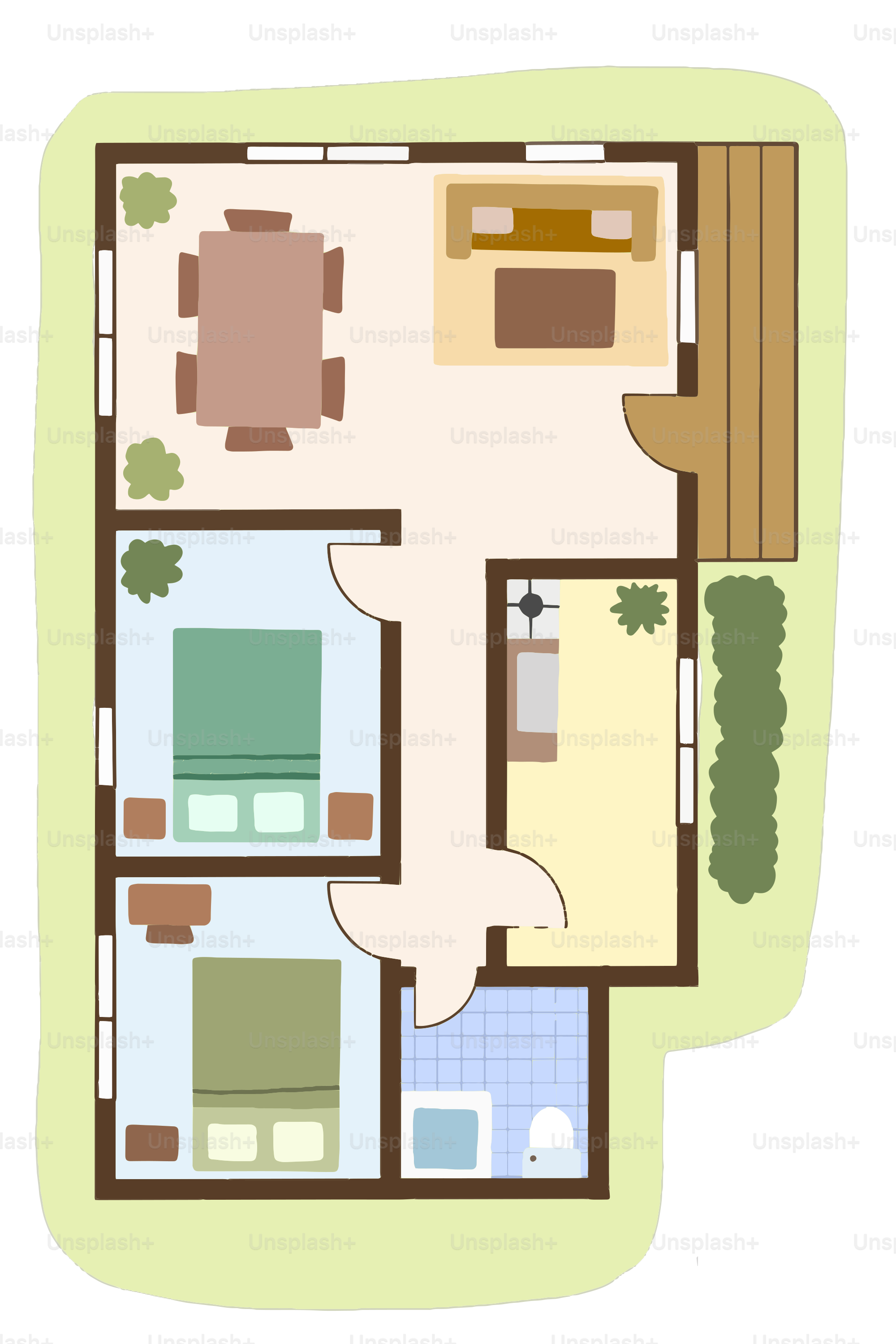 Floor plan of a two-bedroom house with living area.