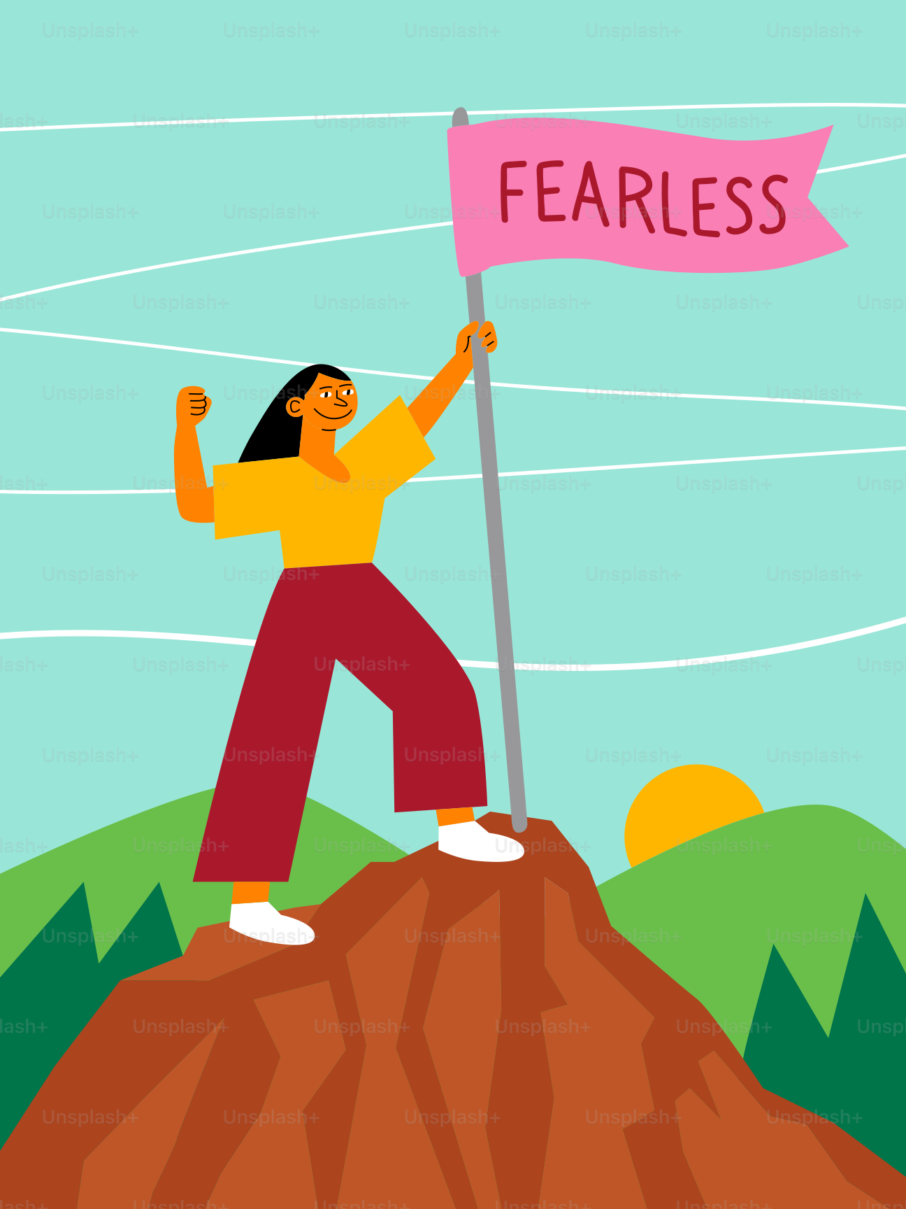 Frau hält eine Flagge mit der Aufschrift furchtlos auf dem Berggipfel.