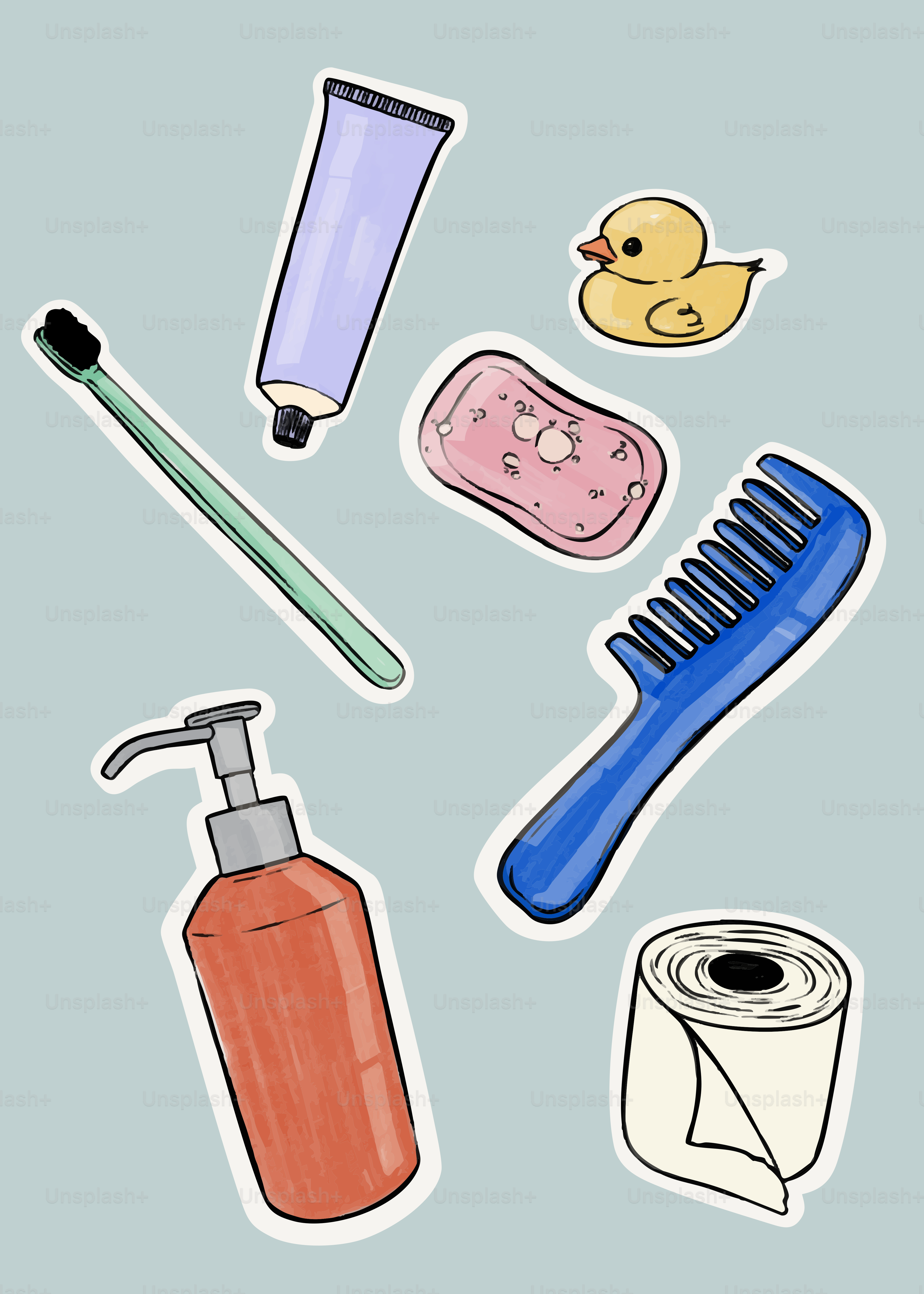 Badezimmerartikel wie Zahnbürste, Seife und Toilettenpapier