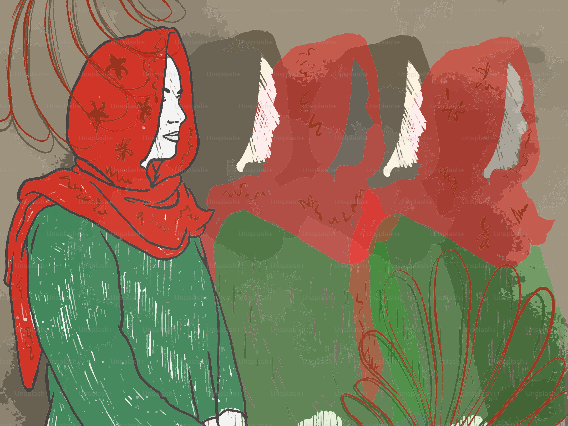 Femme en foulard rouge et robe verte, profils multiples.