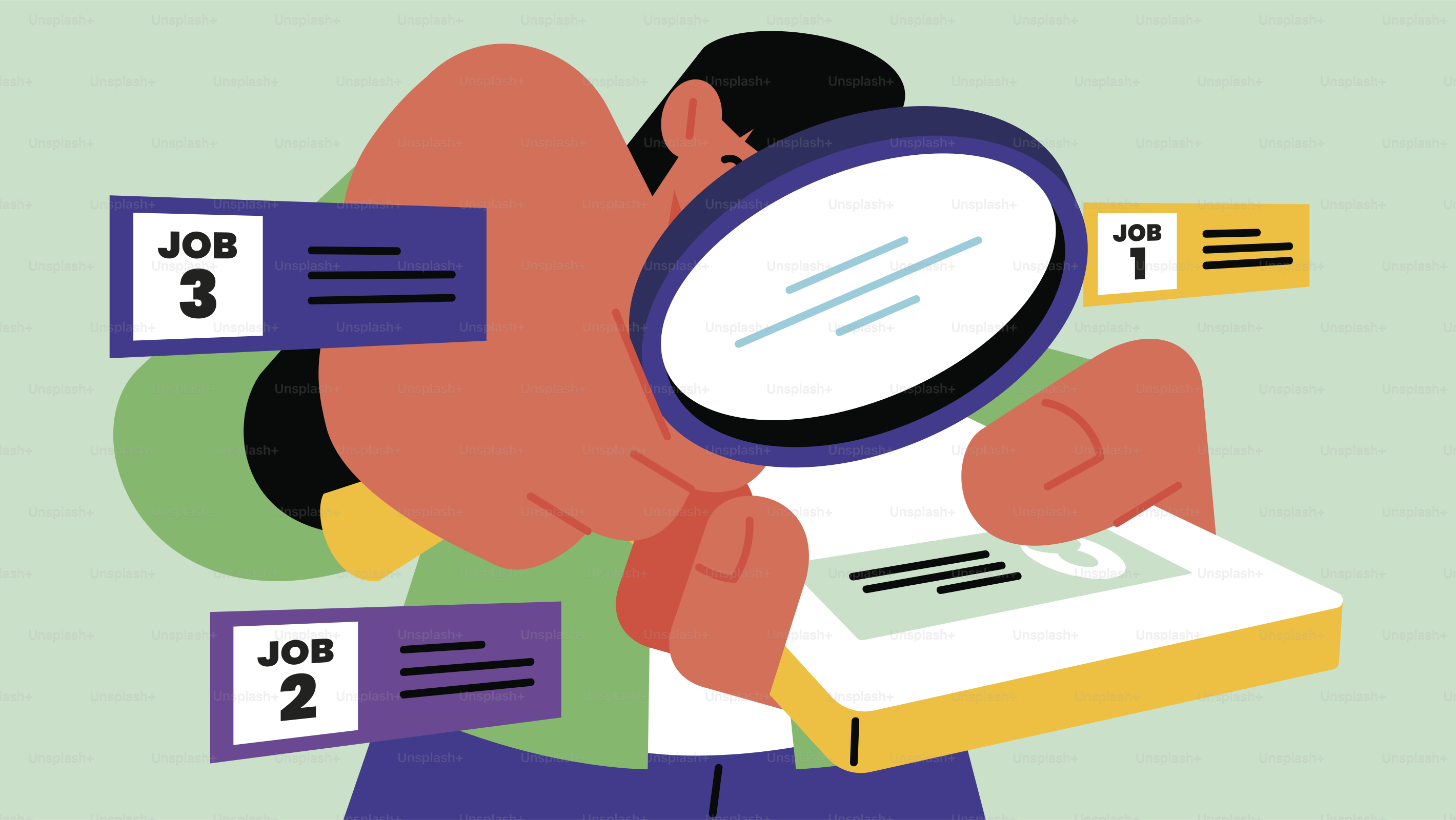 Person examines job listings with a magnifying glass.