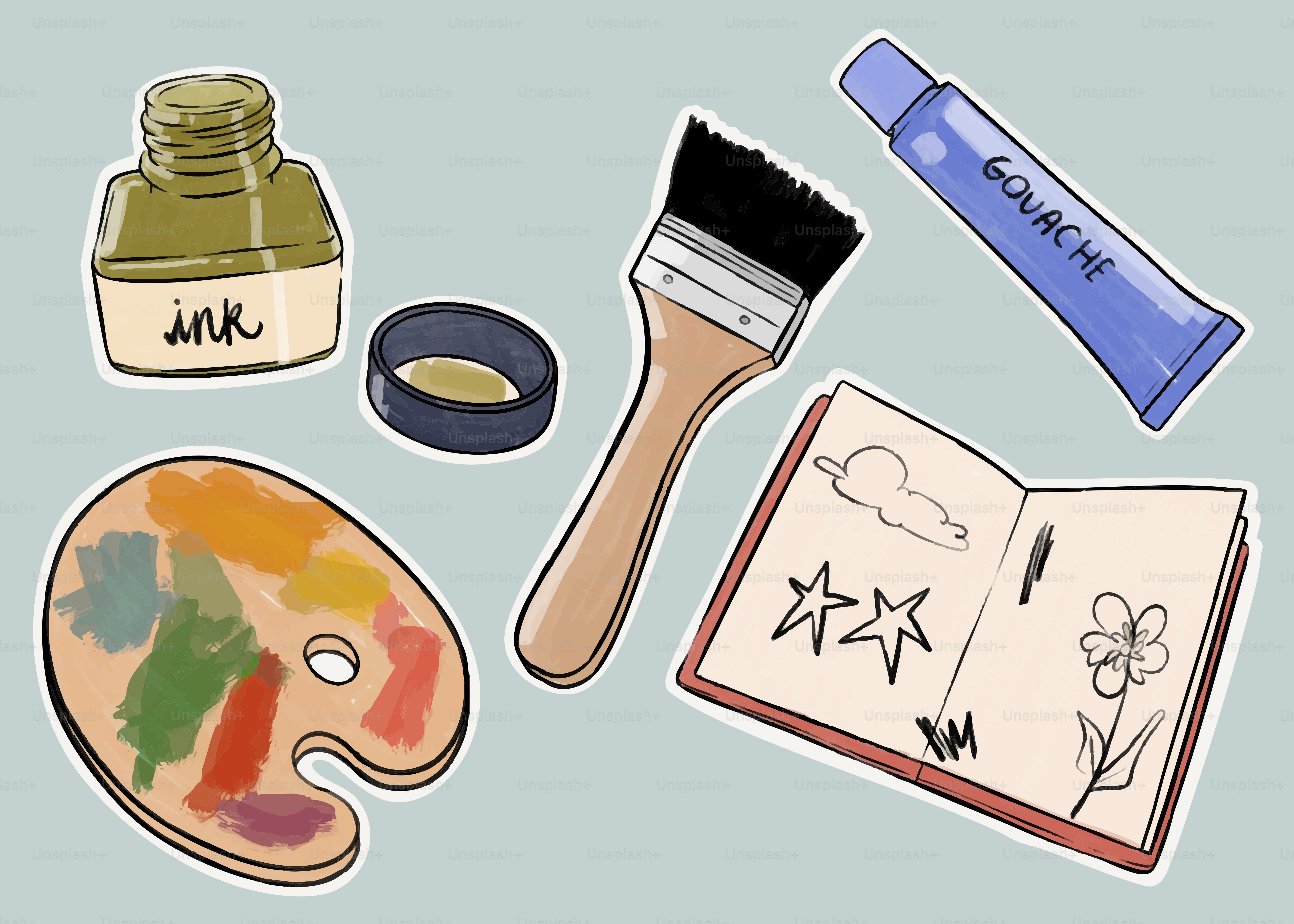 Art supplies including ink, paint, brush, and sketchbook.