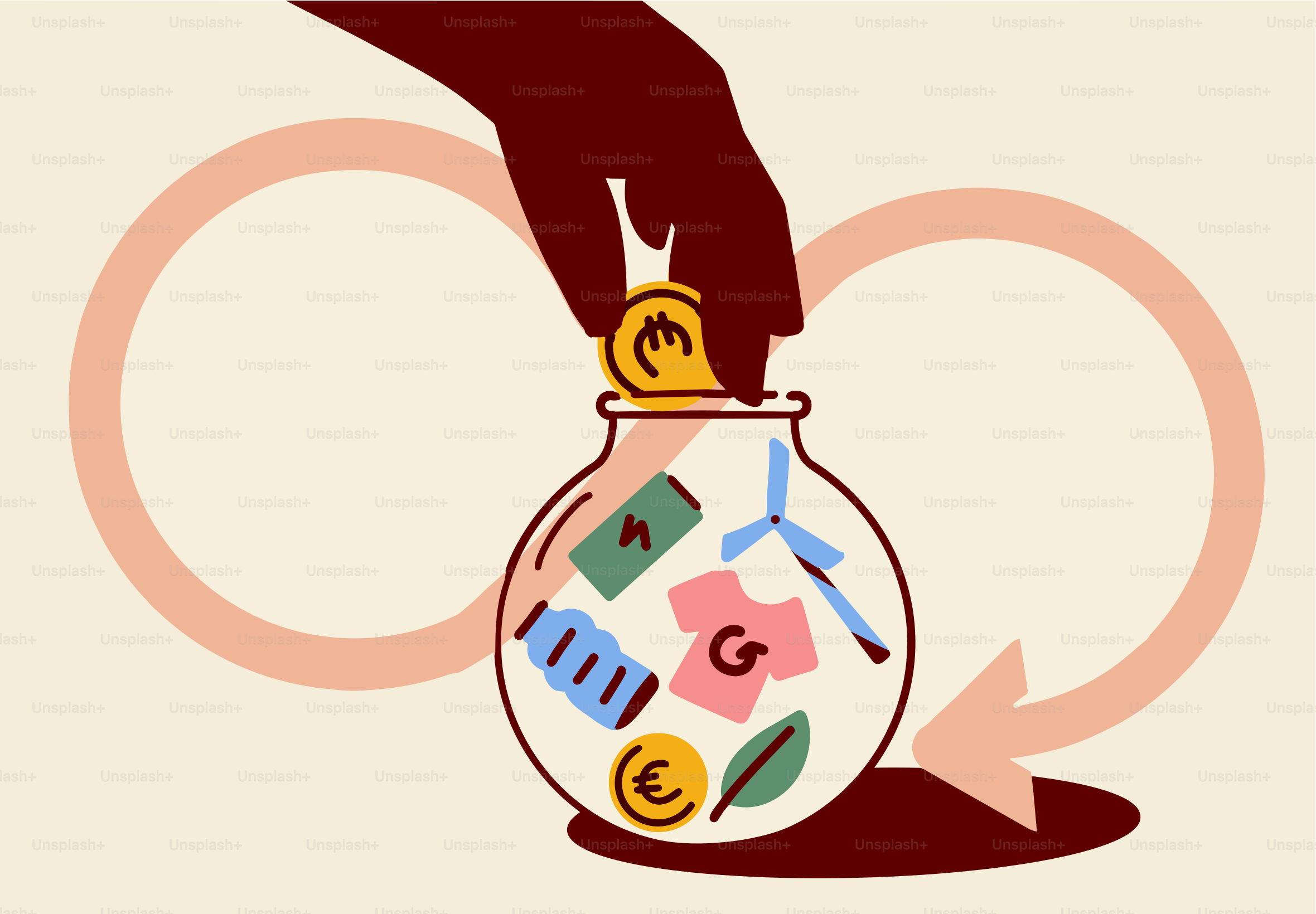 Depositar monedas a mano en un tarro con artículos sostenibles