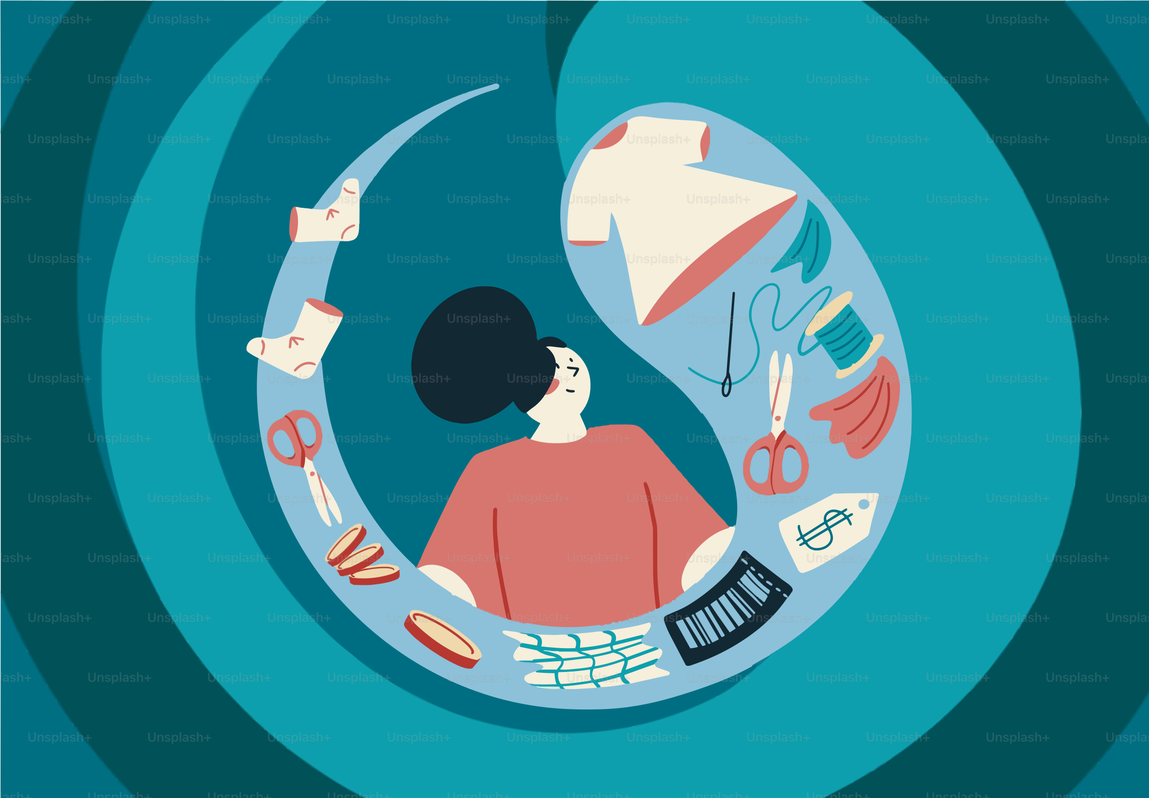 Mujer rodeada de material de costura y manualidades