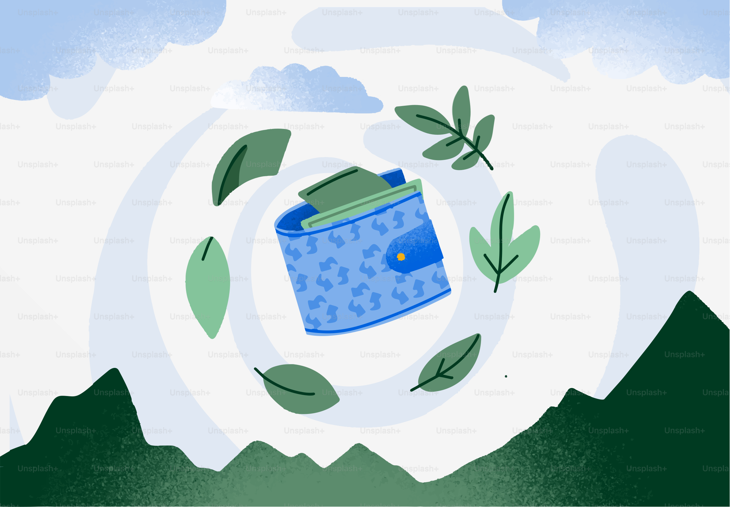 Cartera con dinero rodeada de hojas y montañas