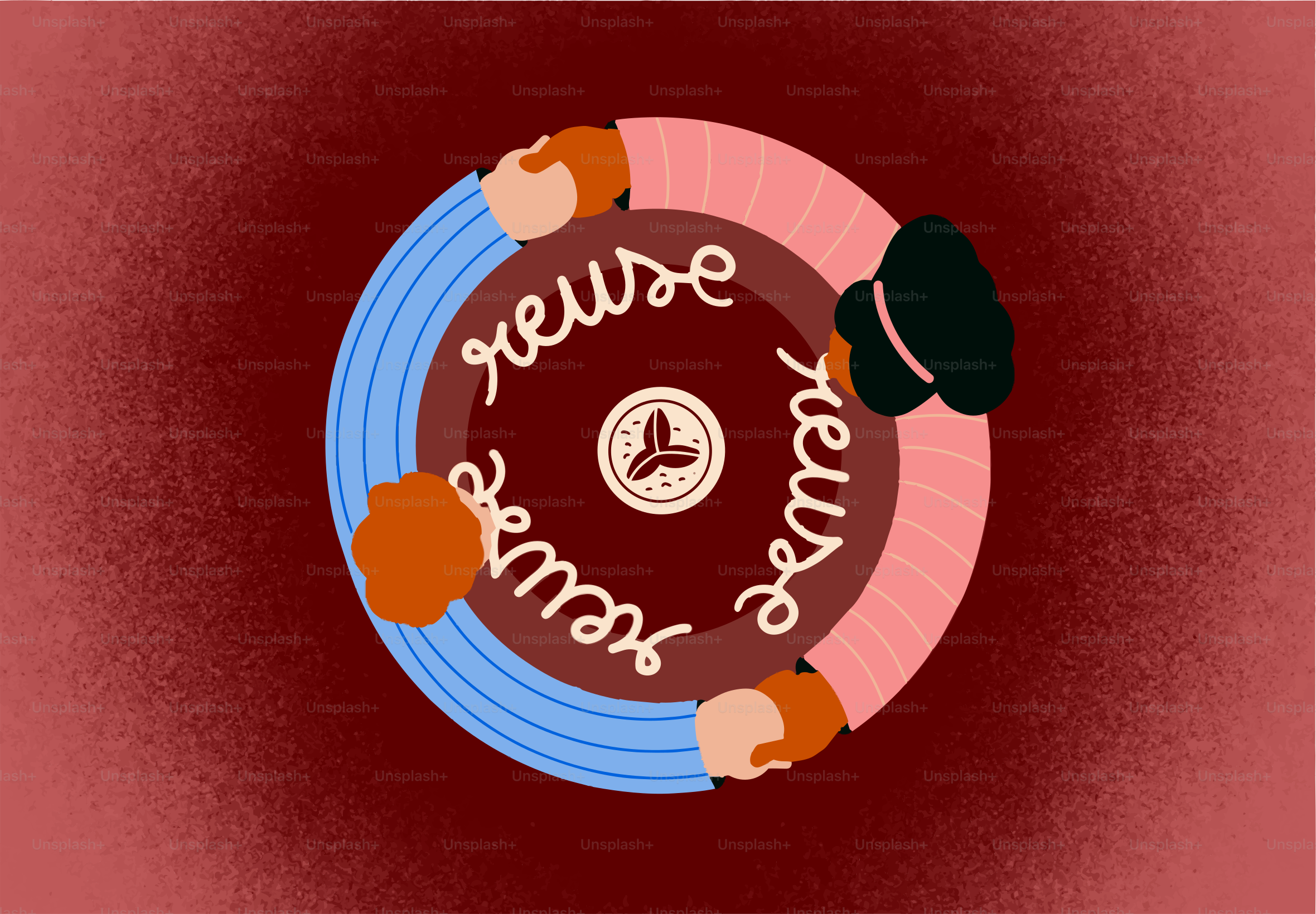 Tres manos forman un círculo con la palabra reutilizar en su interior.