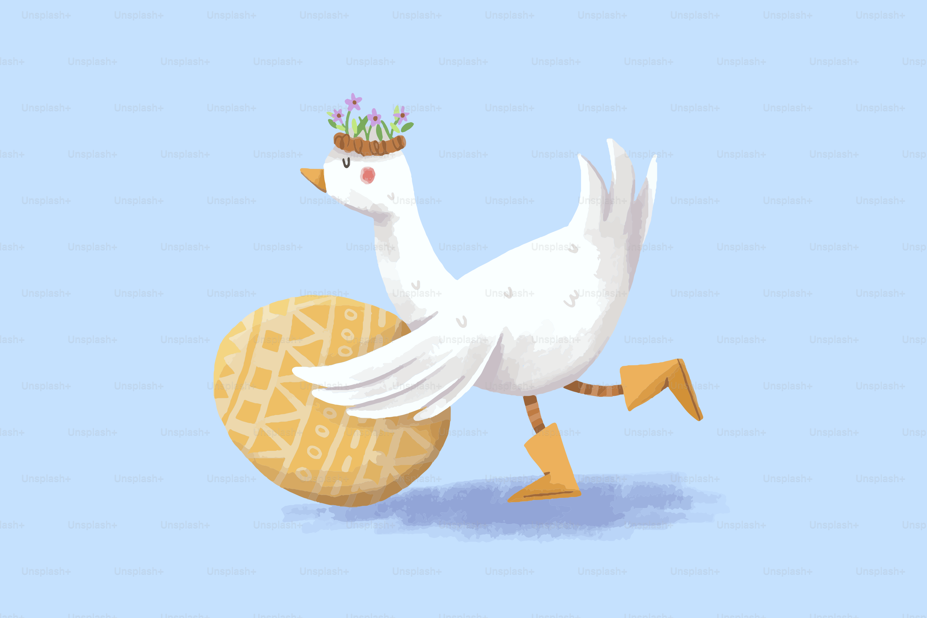 A cartoon goose wearing a flower crown pushes a waffle.
