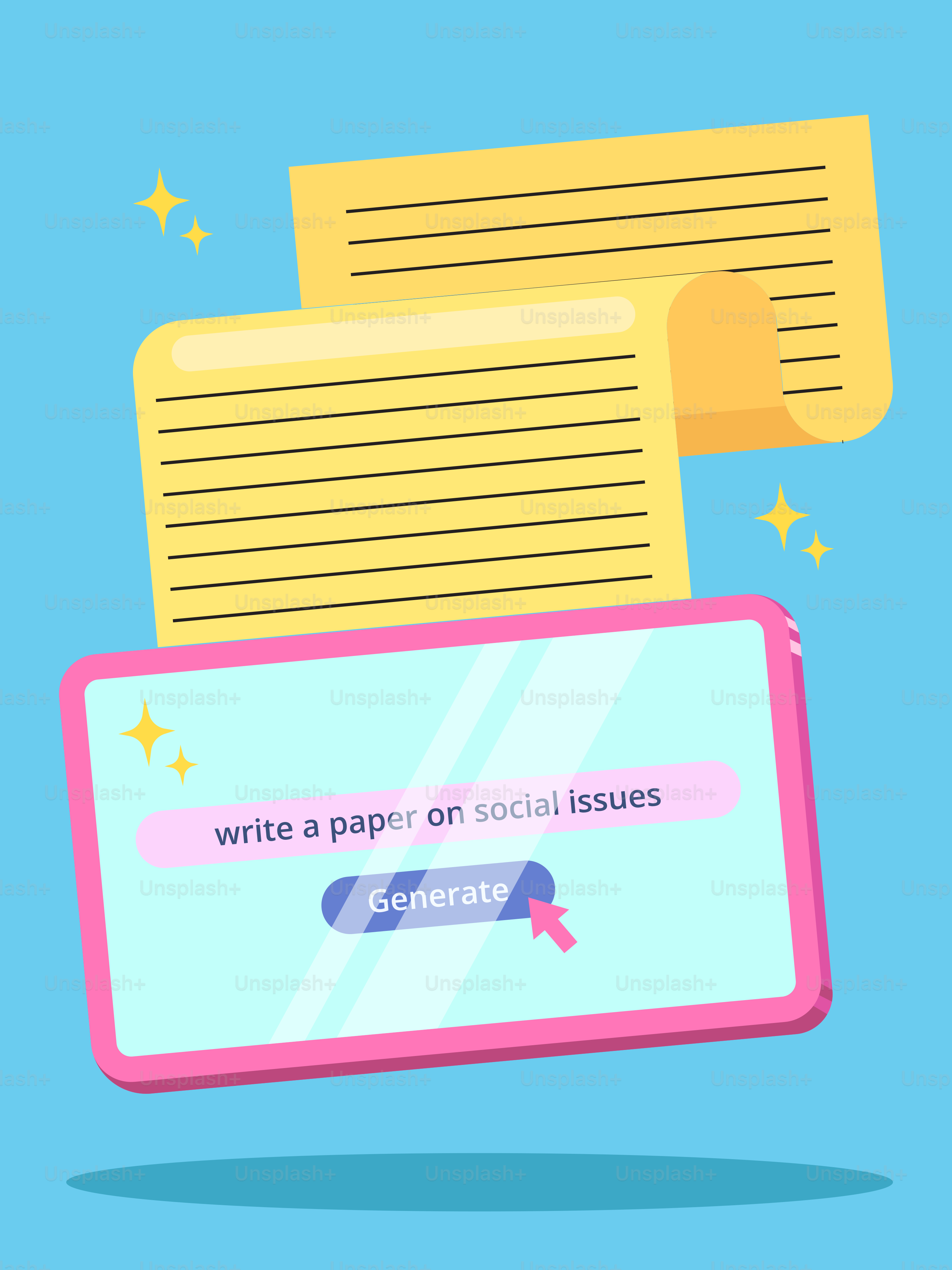 Tablet screen shows writing a paper on social issues.