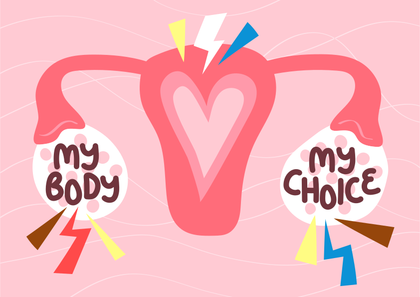 Utérus avec des ovaires identifiés « mon corps » et « mon choix »