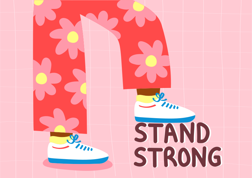 Person wearing floral pants and sneakers stands strong