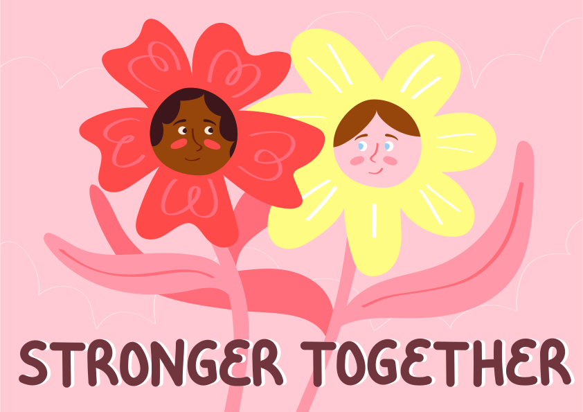Two flowers with faces, symbolizing unity and diversity.